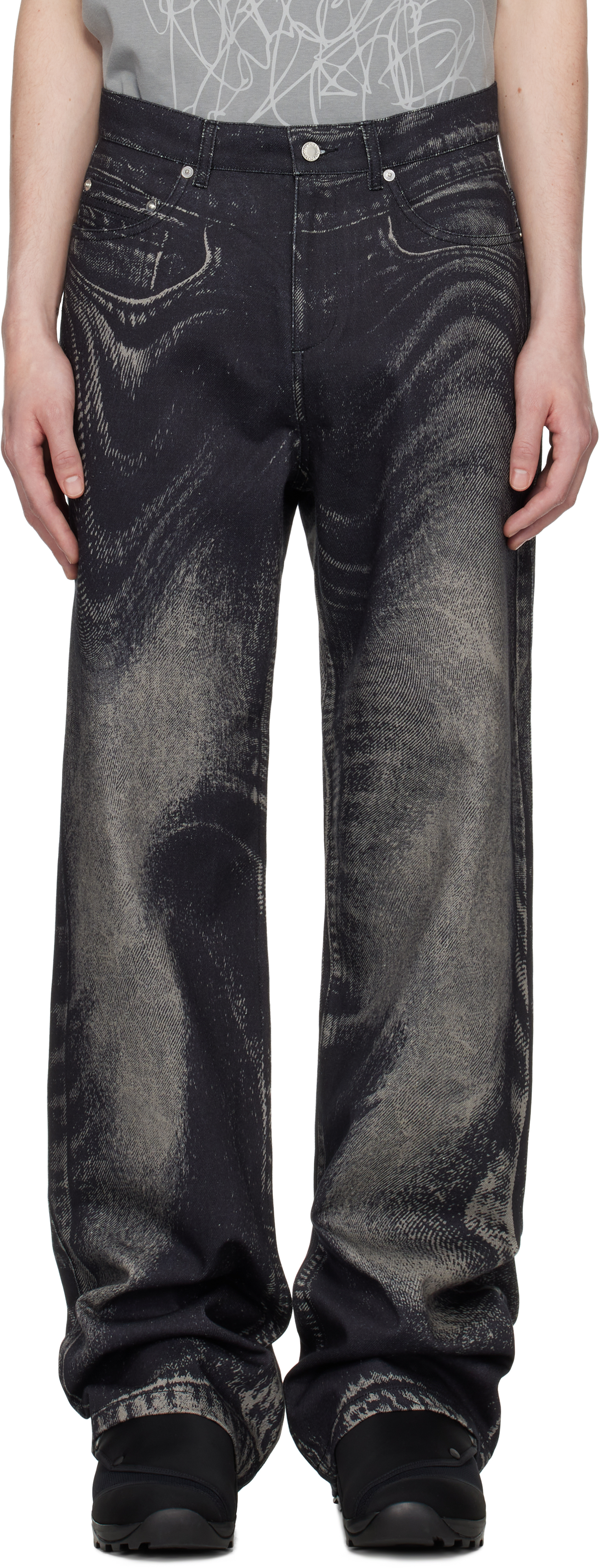 Gray & Black Distorted Print Denim Jeans