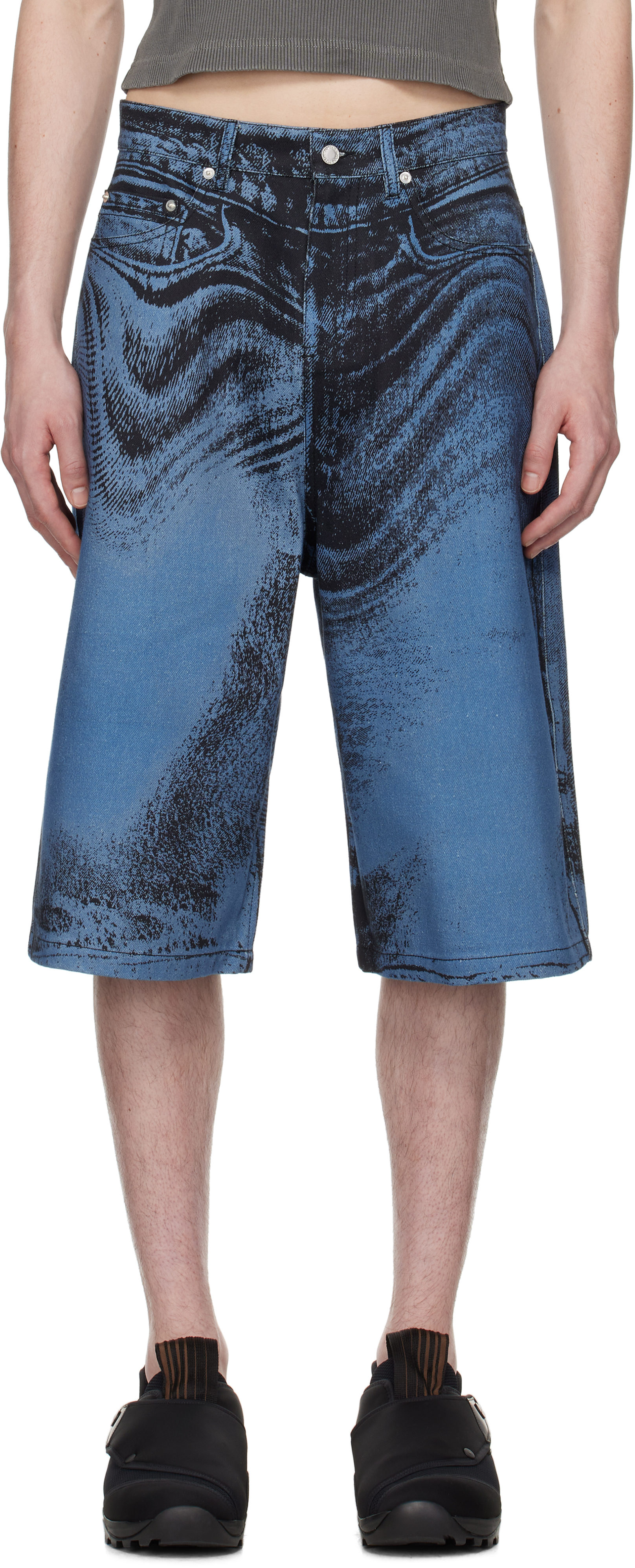 Black & Blue Distorted Print Denim Shorts