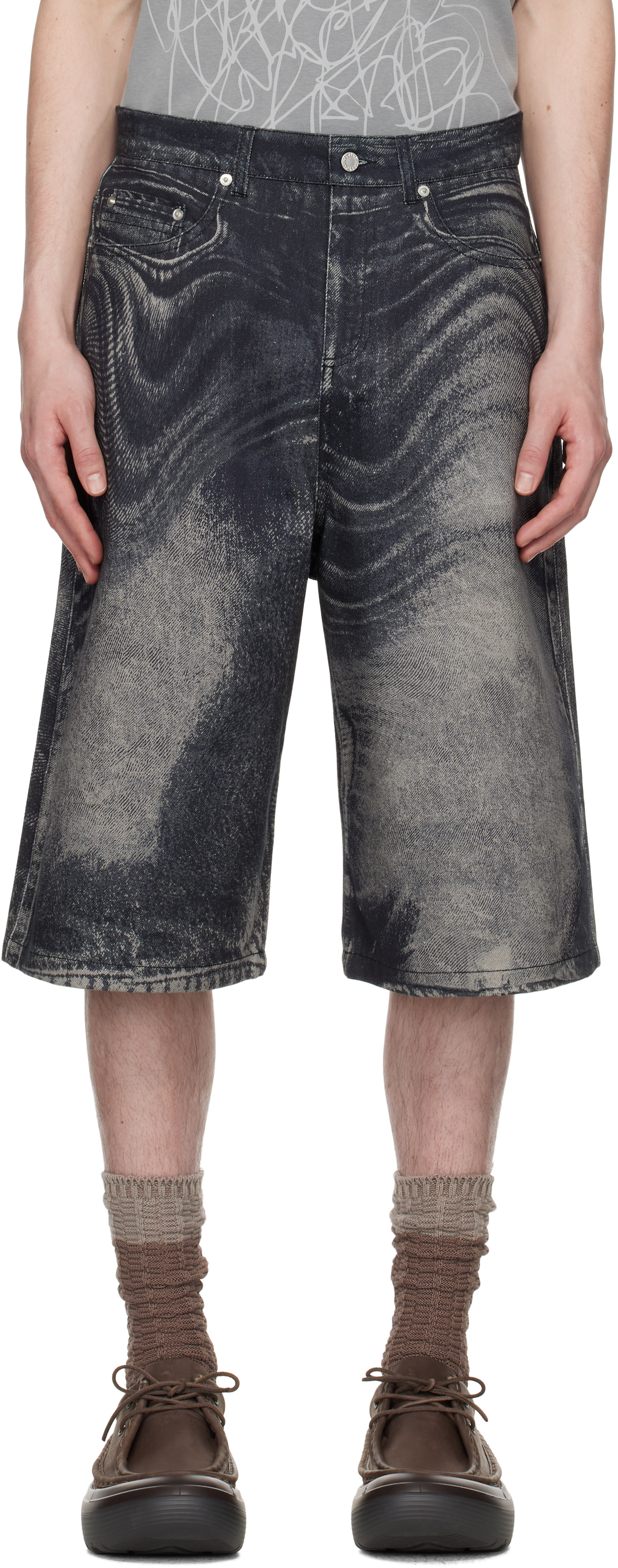Black & Gray Distorted Print Denim Shorts