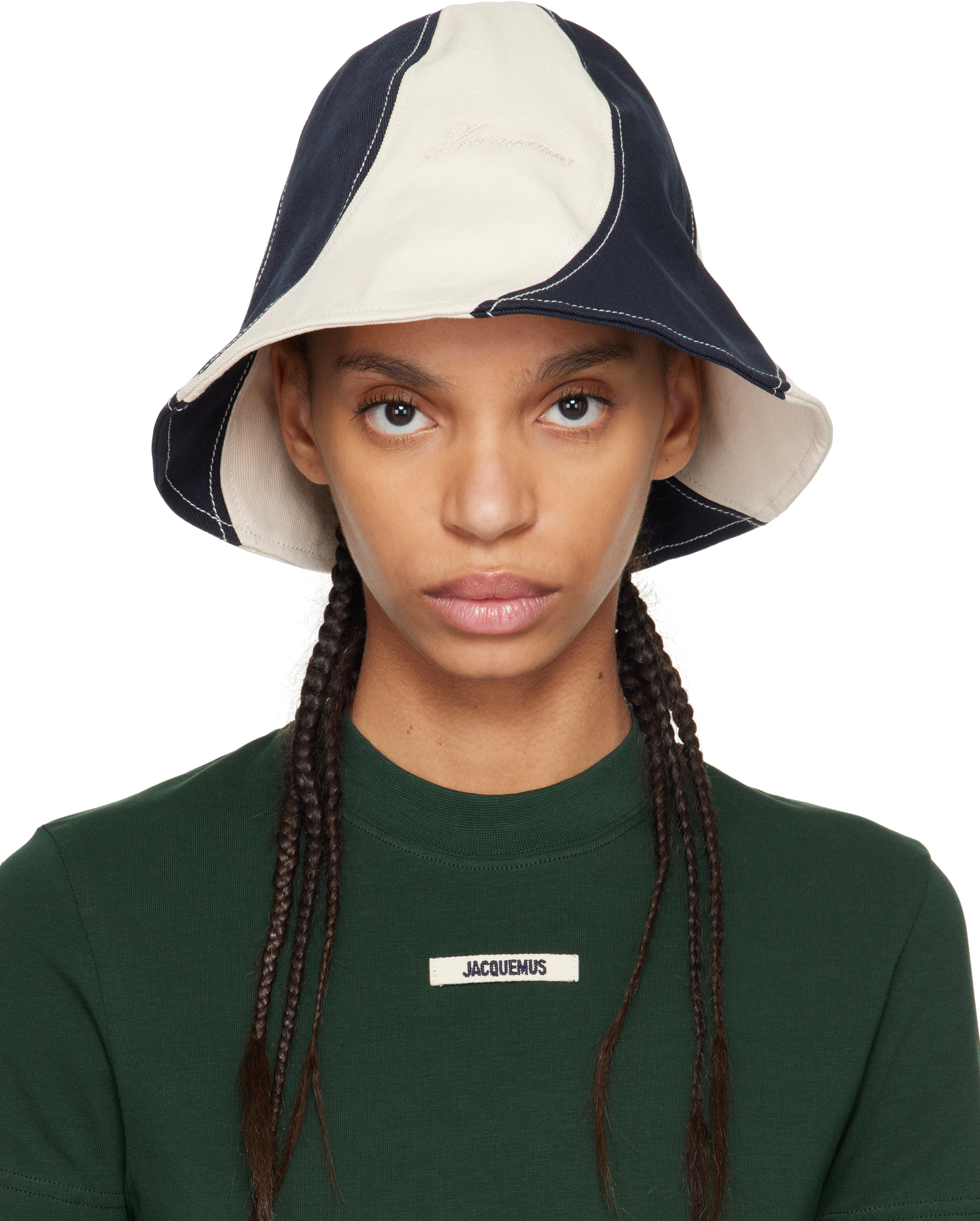 JACQUEMUS: Off-White & Navy 'Le Bob Gelato' Bucket Hat | SSENSE JACQUEMUS: Off-White & Navy 'Le Bob Gelato' Bucket Hat | SSENSE