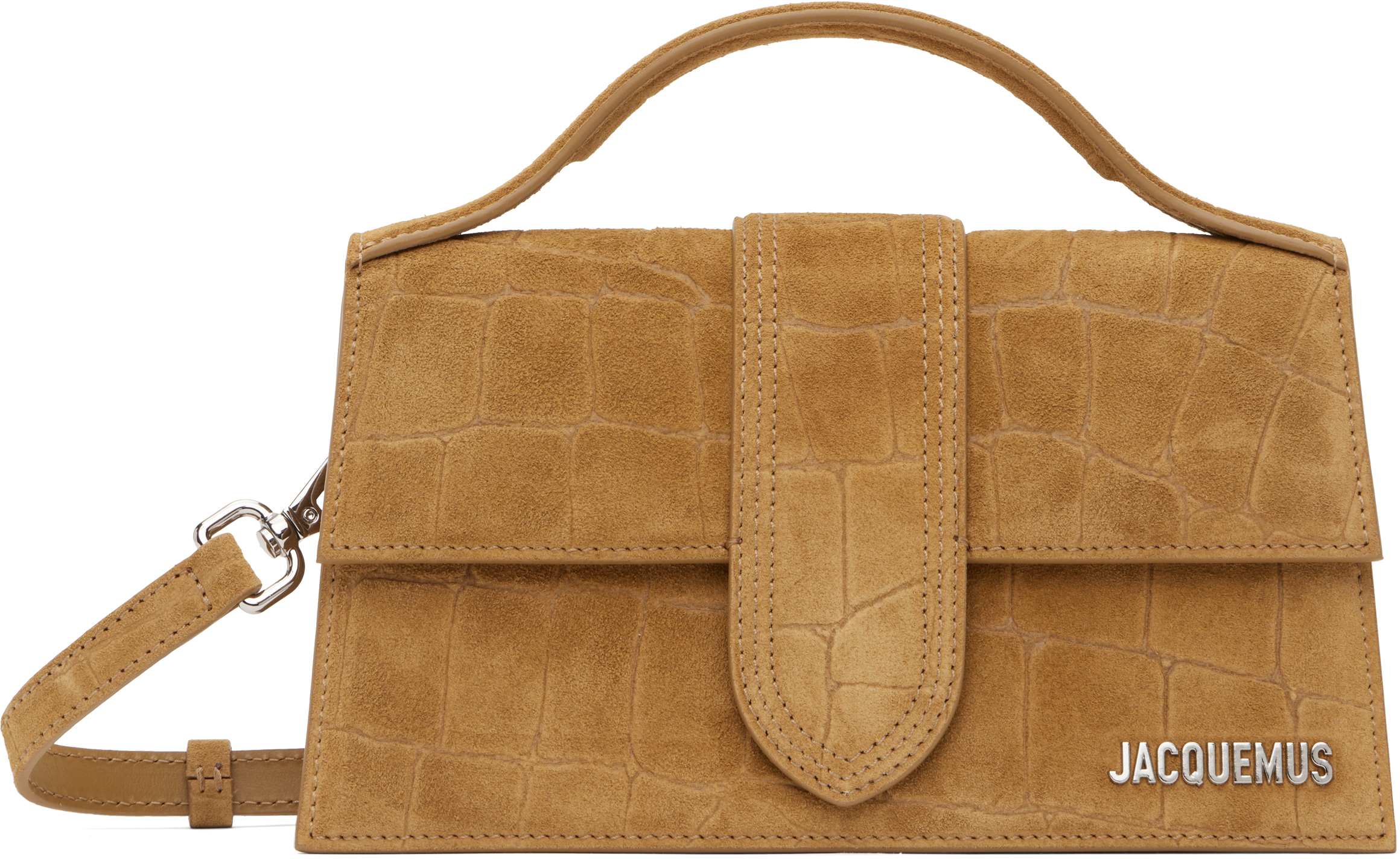 Jacquemus Le Grand Bambino Beige Handbag With Logo Lettering On The Front And Crocodile Skin Effect In Suede W In 830 Camel