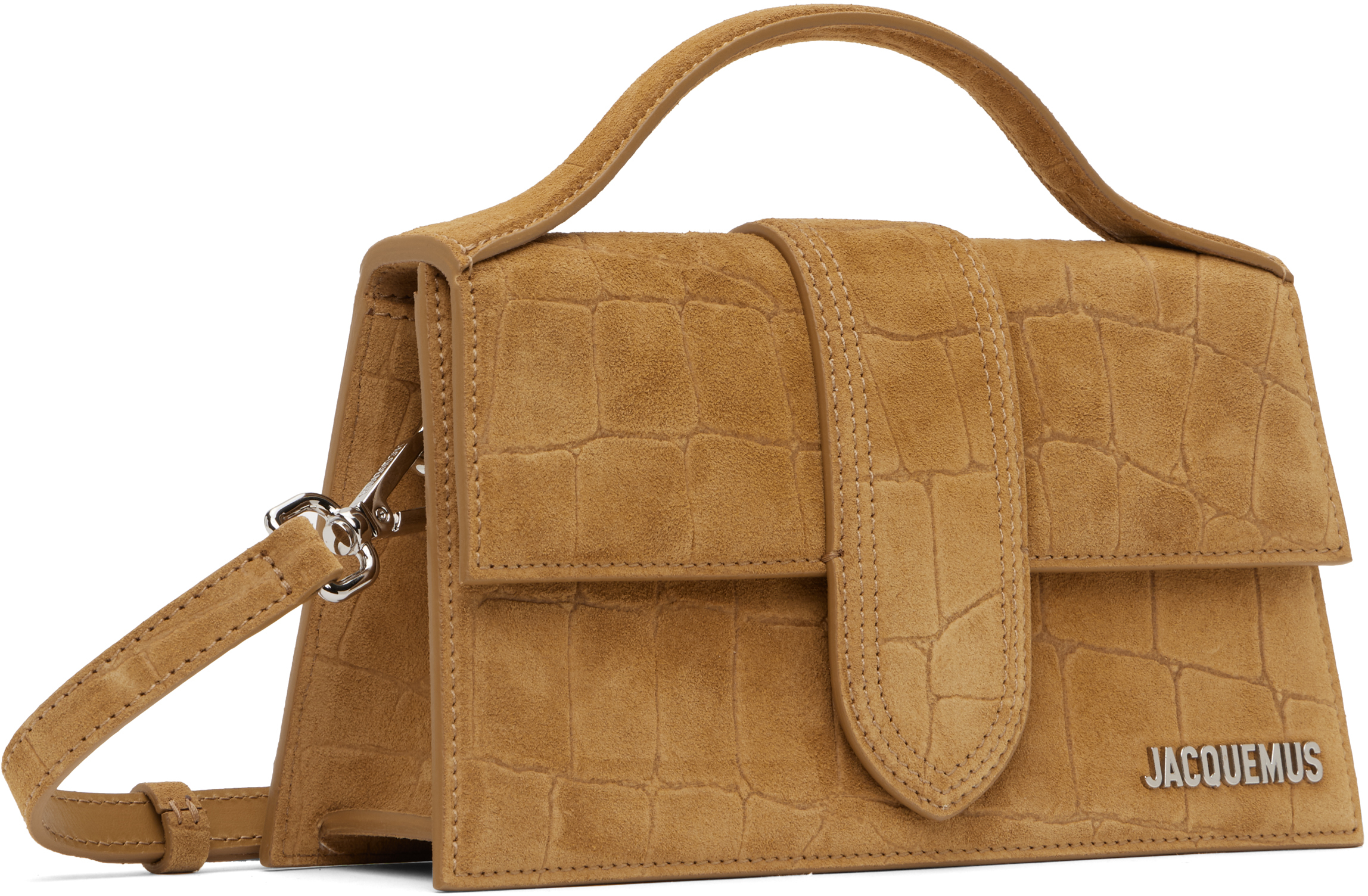 Jacquemus Le Grand Bambino Beige Handbag With Logo Lettering On The Front And Crocodile Skin Effect In Suede W In 830 Camel