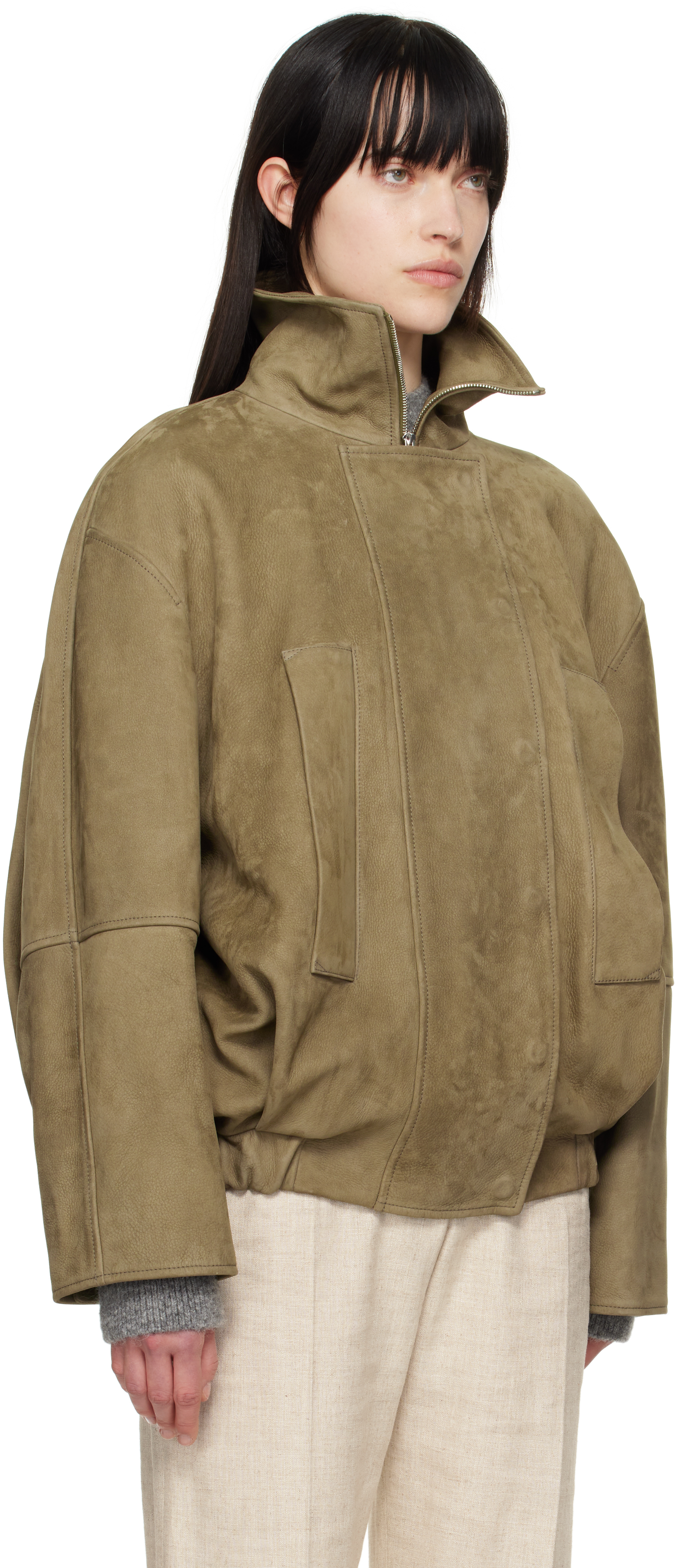 Jacquemus Womens Ciro Two-welt-pockets Relaxed-fit Leather Jacket Light Khaki In 530 Light Khaki