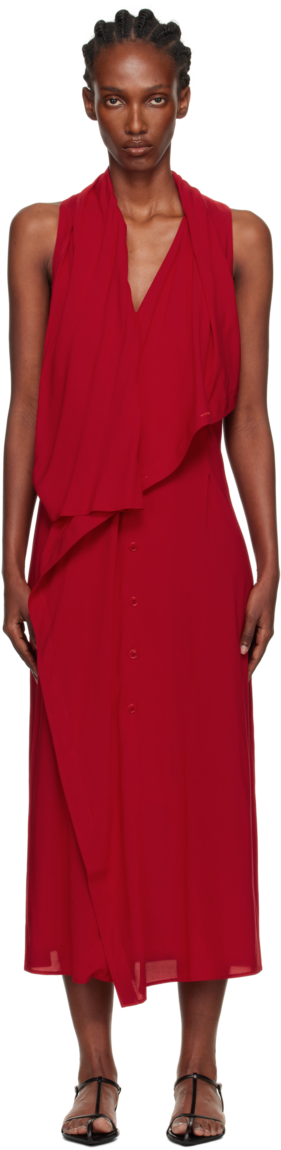 Yohji Yamamoto Red Lawn Long Draped Sleeveless Maxi Dress In Multi