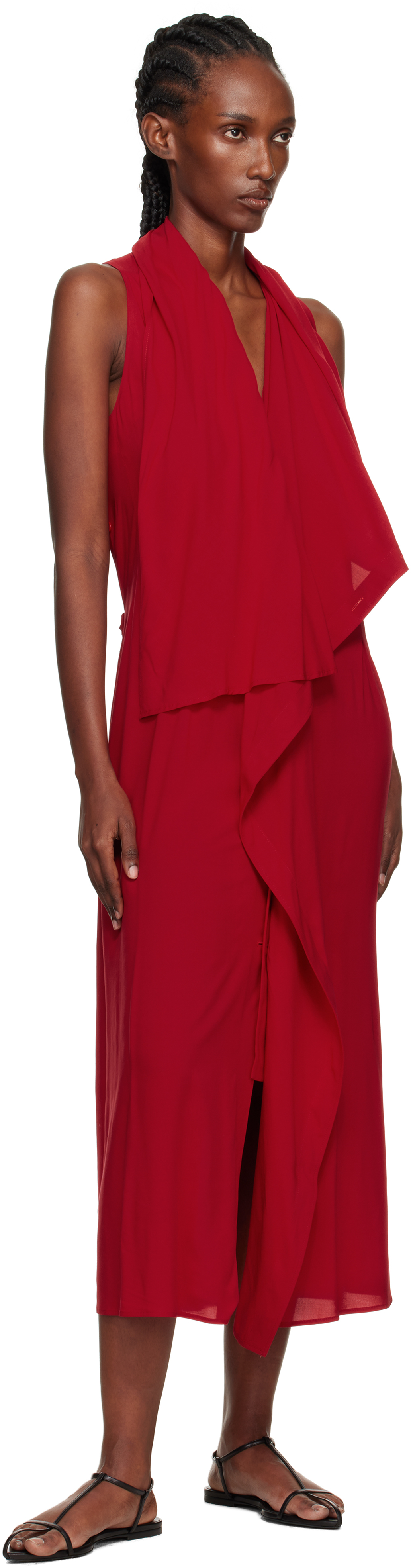 Yohji Yamamoto Red Lawn Long Draped Sleeveless Maxi Dress In Multi