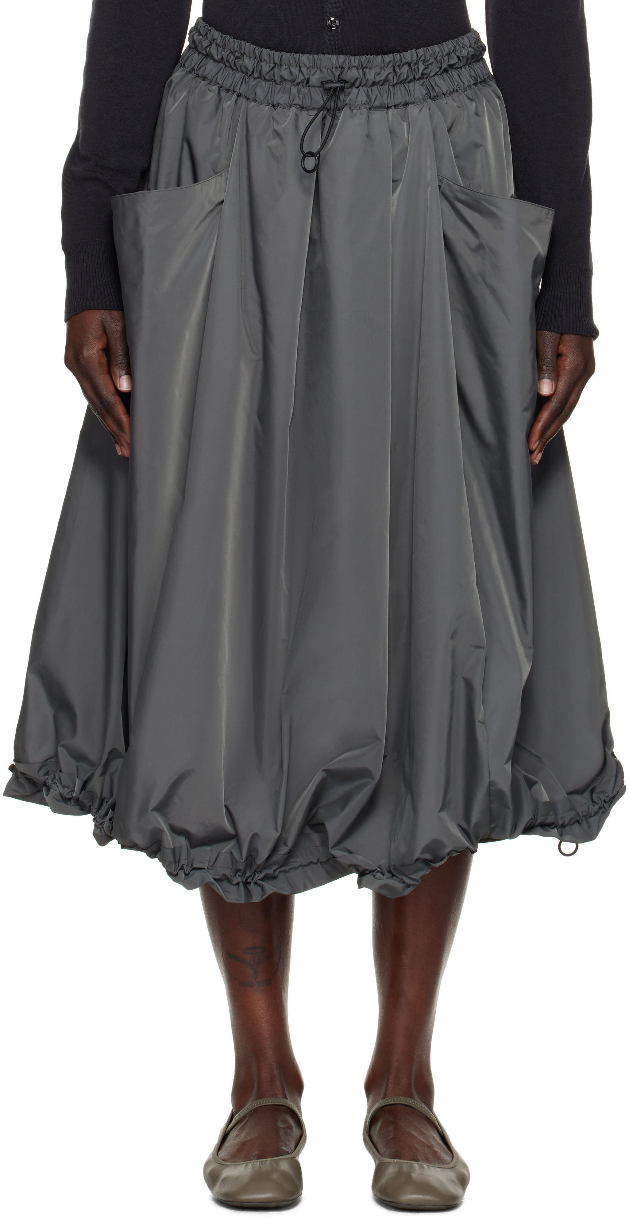 Gray PE Twill R-Volume Midi Skirt