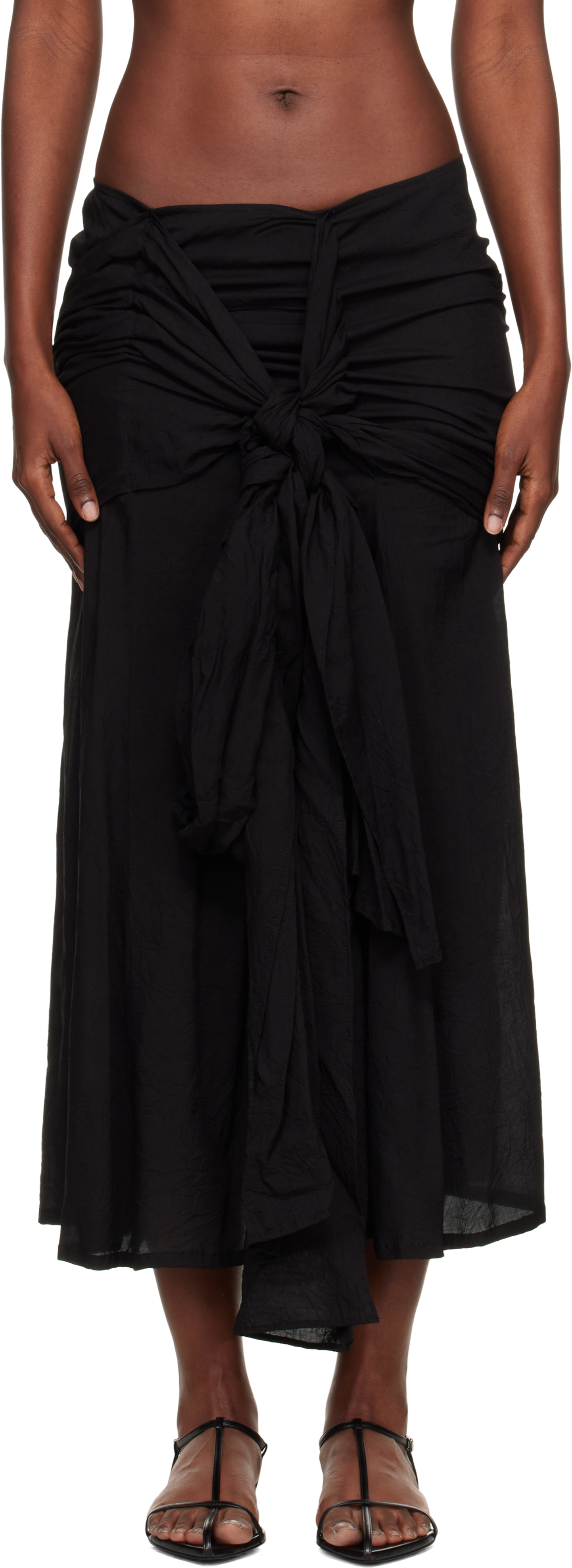 Yohji Yamamoto Black 82 Modal Lawn R Front Knot Maxi Skirt In Black