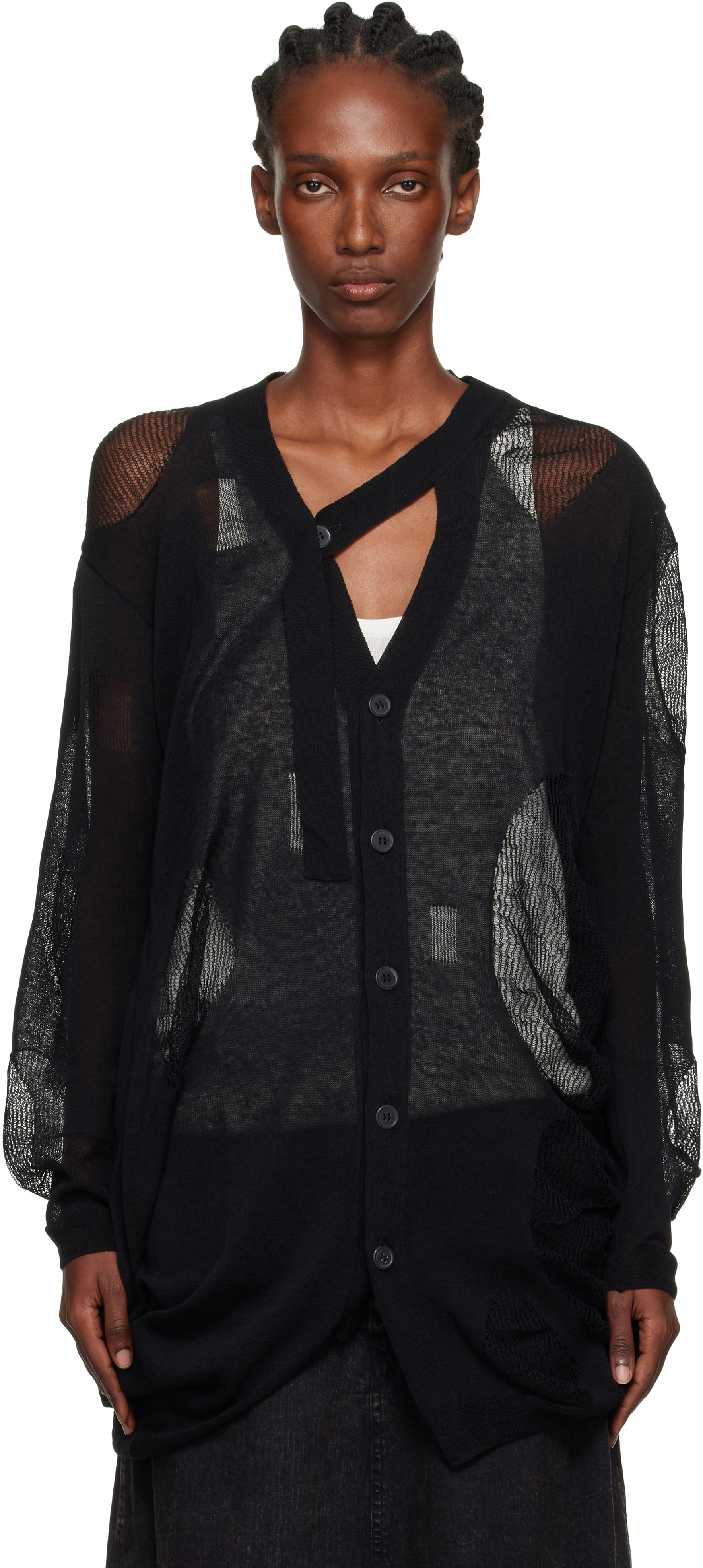 Yohji Yamamoto Black Plain Stitch & Pattern Draped Cardigan In Black