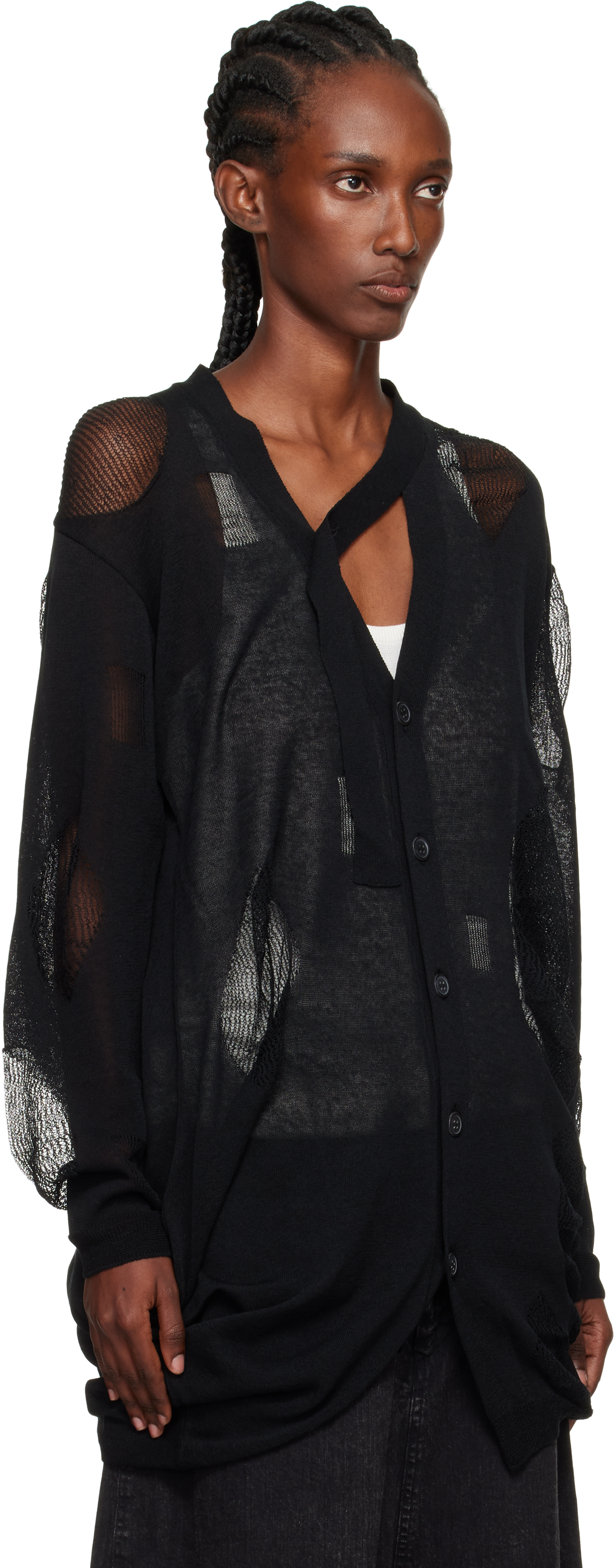 Yohji Yamamoto Black Plain Stitch & Pattern Draped Cardigan In Black