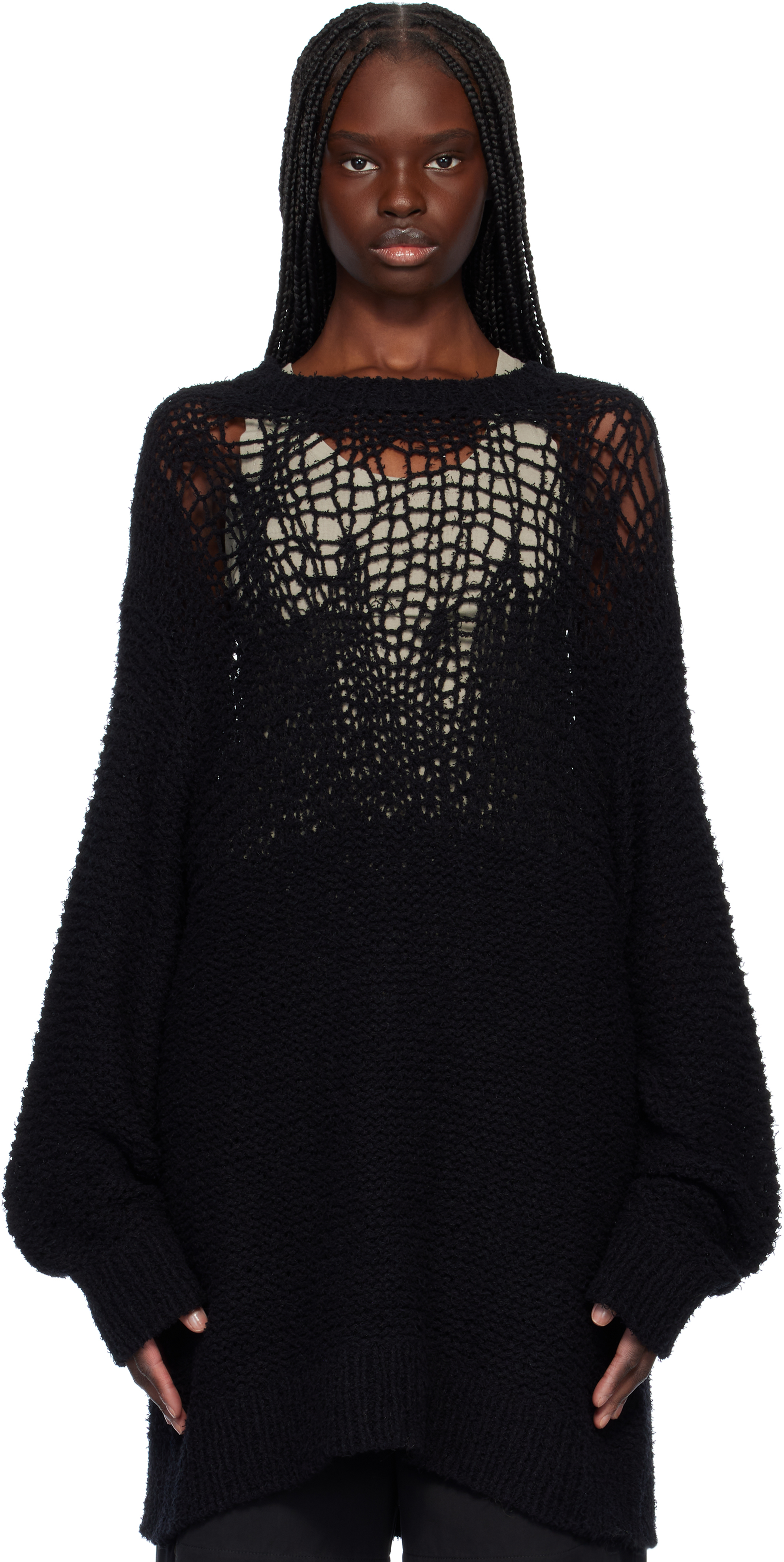 YOHJI YAMAMOTO: Black Damage Processed Garter Round Neck Sweater  