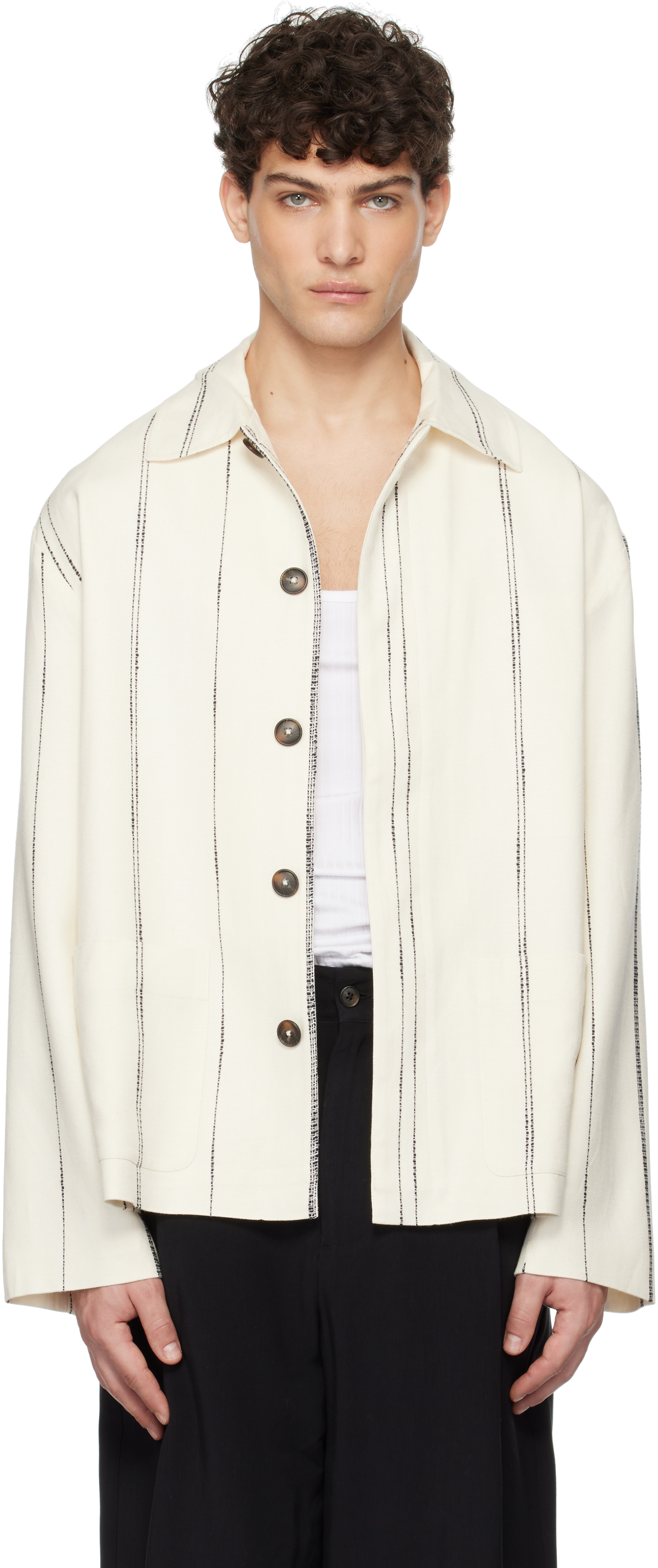 Off-White Woven Stripe Resort Jacket by COMMAS on Sale