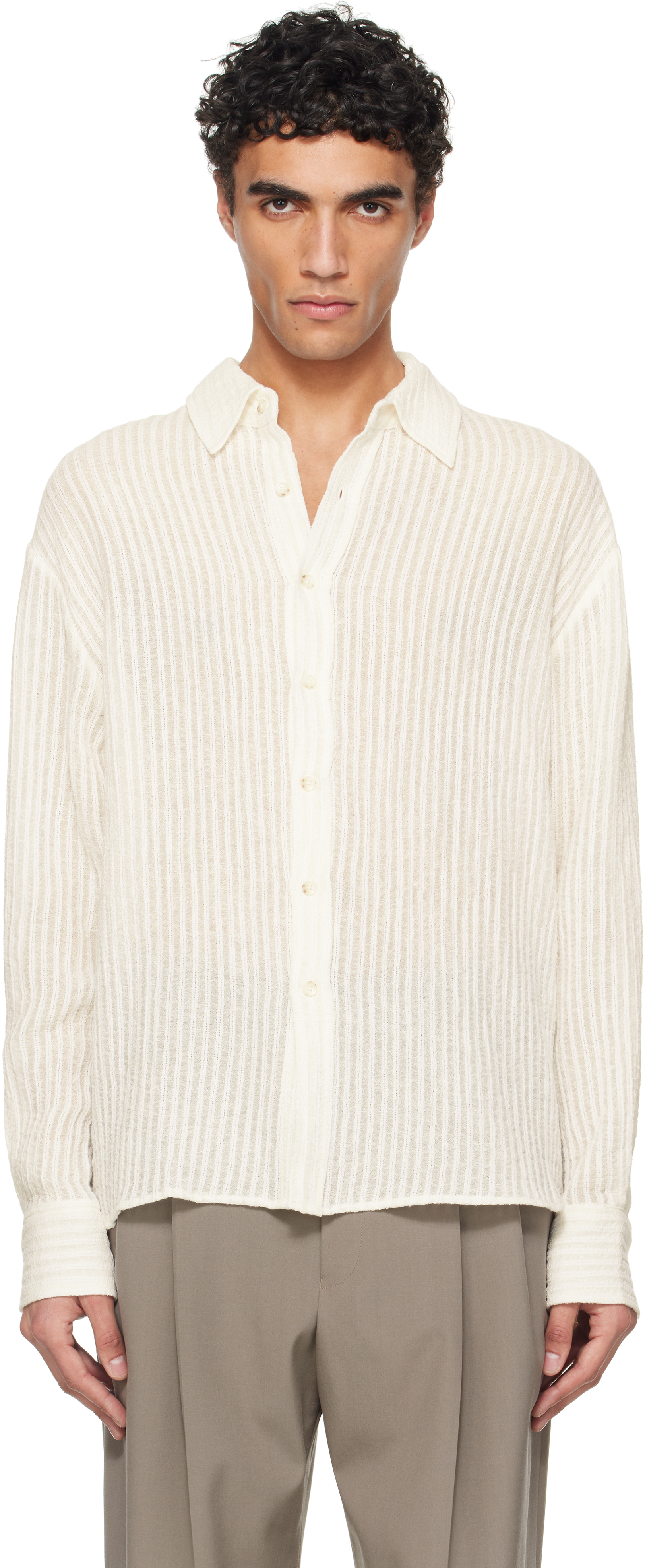 White Sheer Stripe Linen Woven Shirt