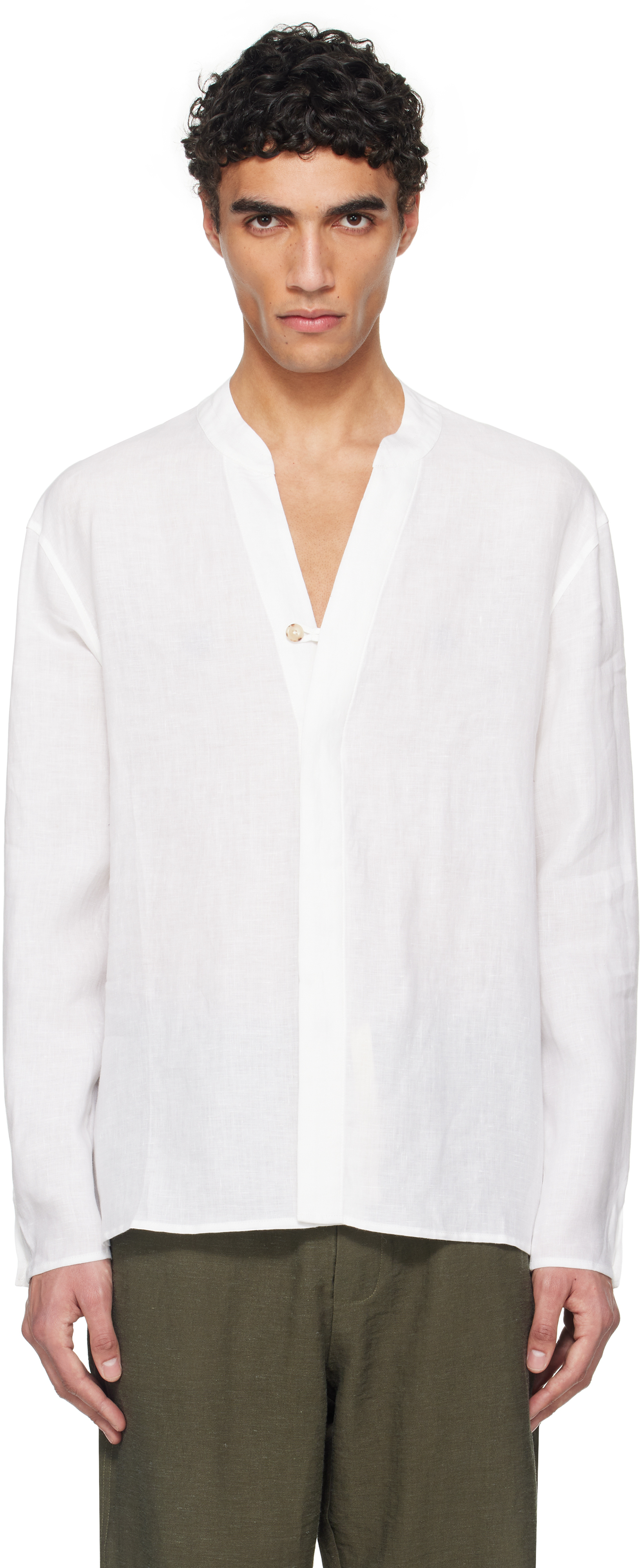 White Loop Closure Linen Shirt