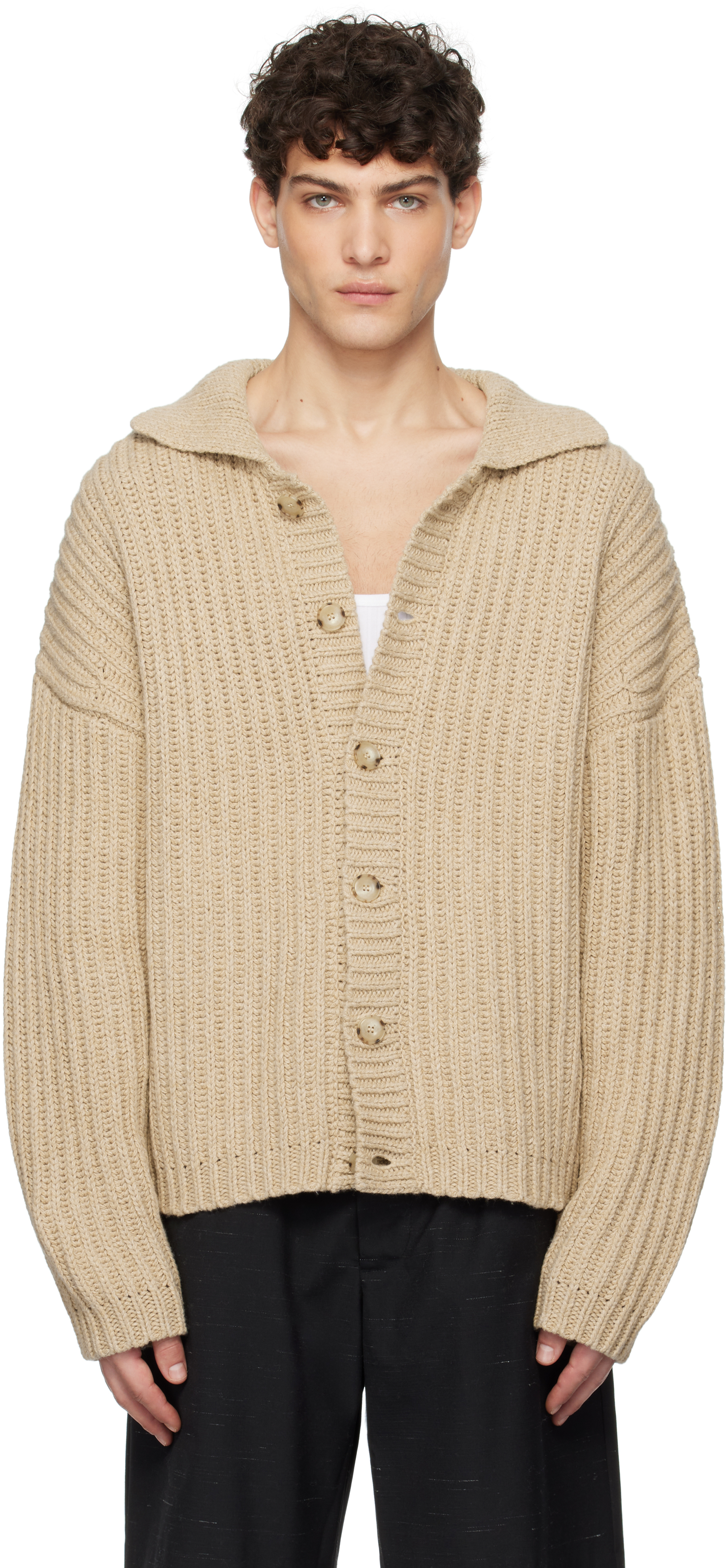 Beige Fisherman Rib Cardigan