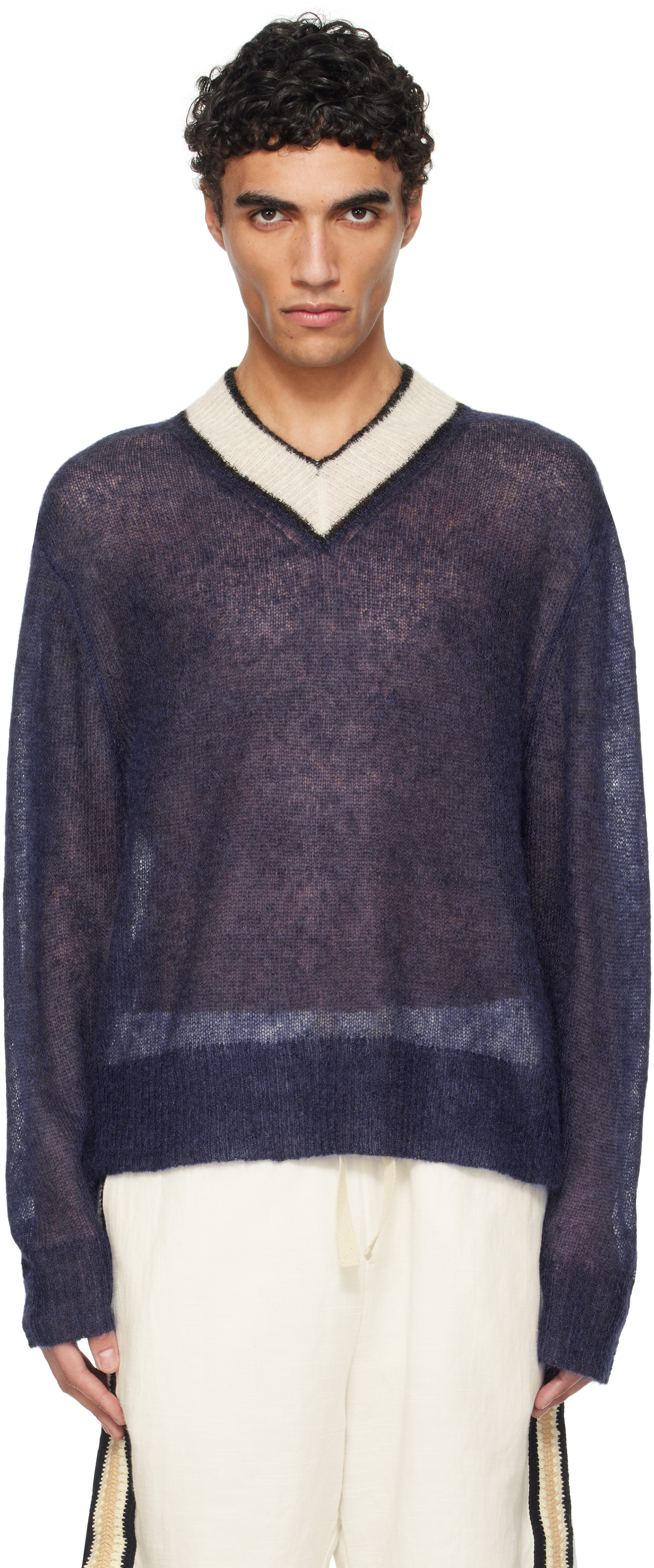 Navy Mohair V Neck Sweater