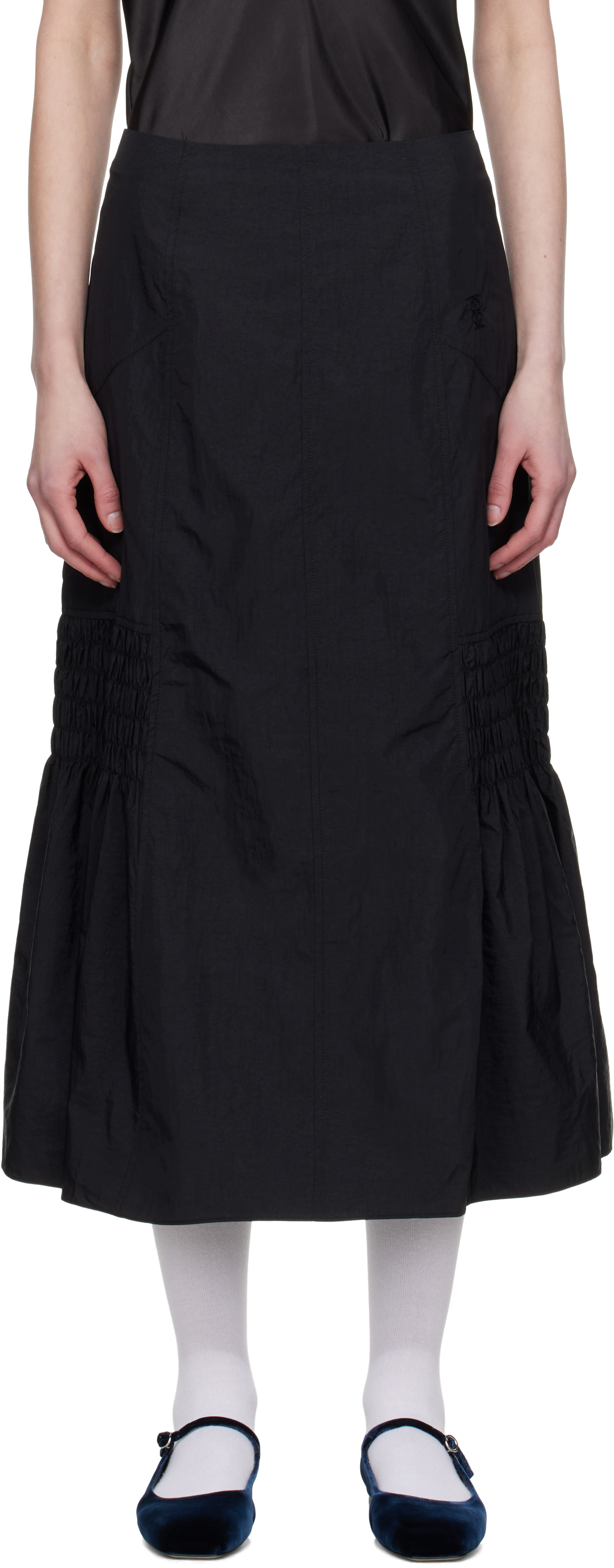 Black Smocked Mermaid Midi Skirt