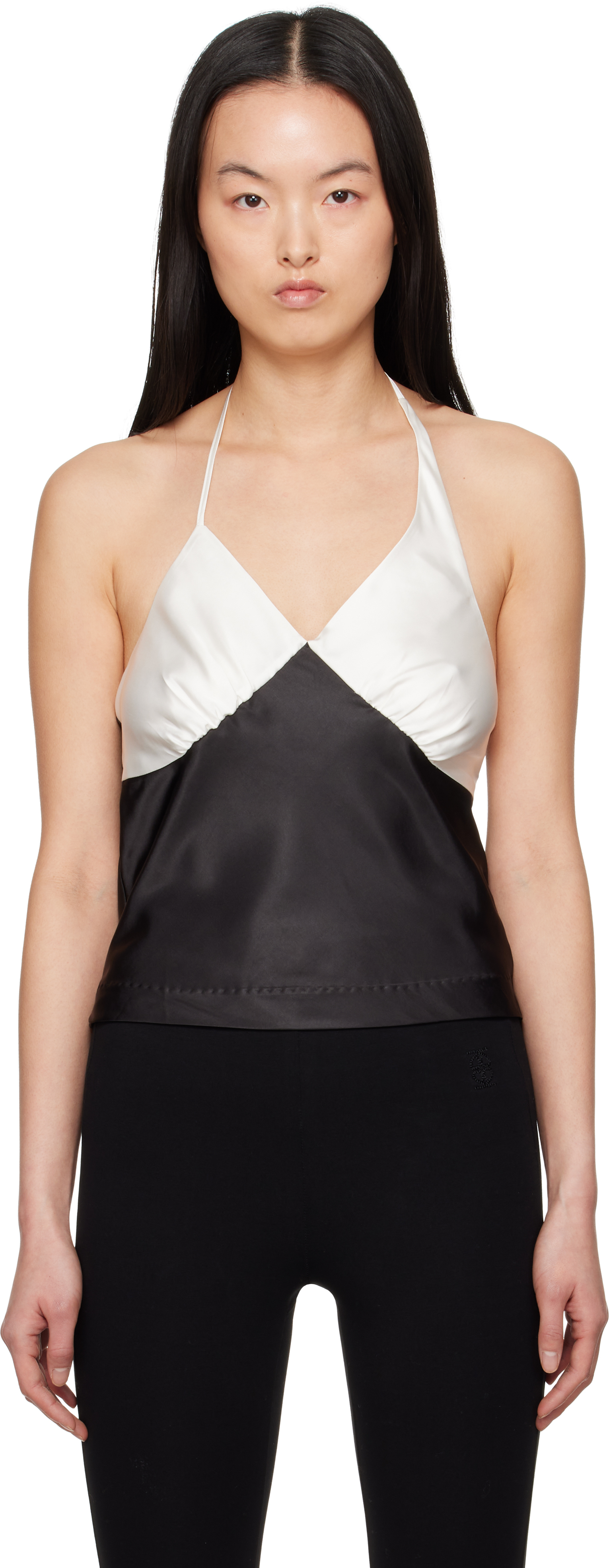 Black & Off-White Satin Shirring Halter Top