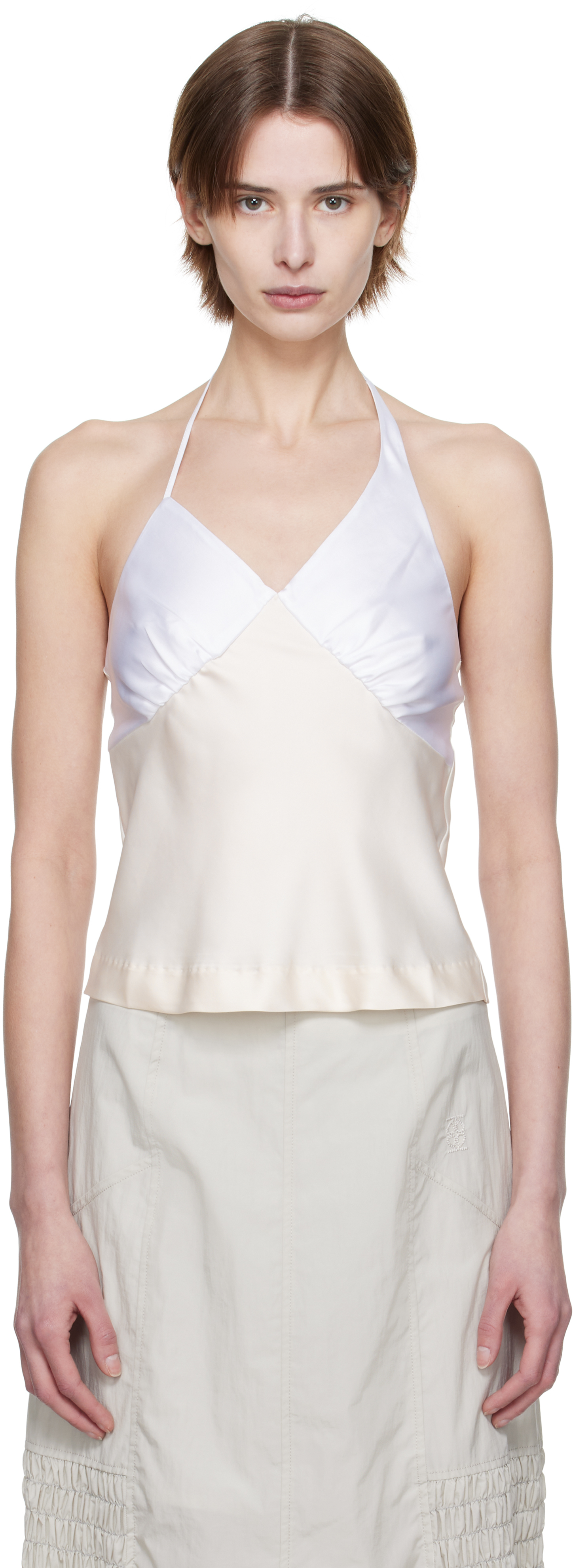 Off-White Satin Shirring Halter Top