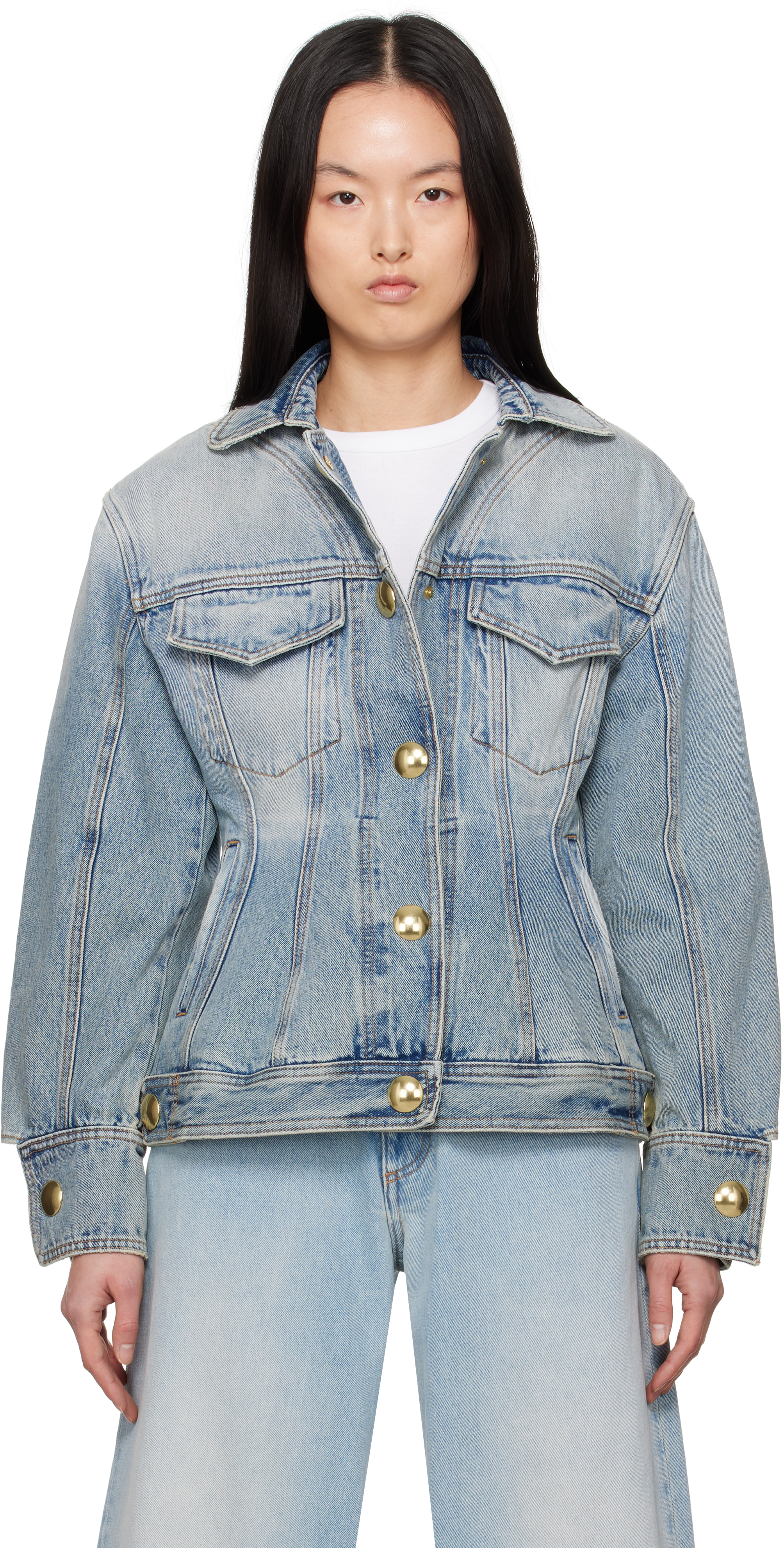 【関税込み】DARKPARK ブルー Gwen Bustier デニムジャケット Blue Gwen Bustier Denim Jacket by DARKPARK on Sale