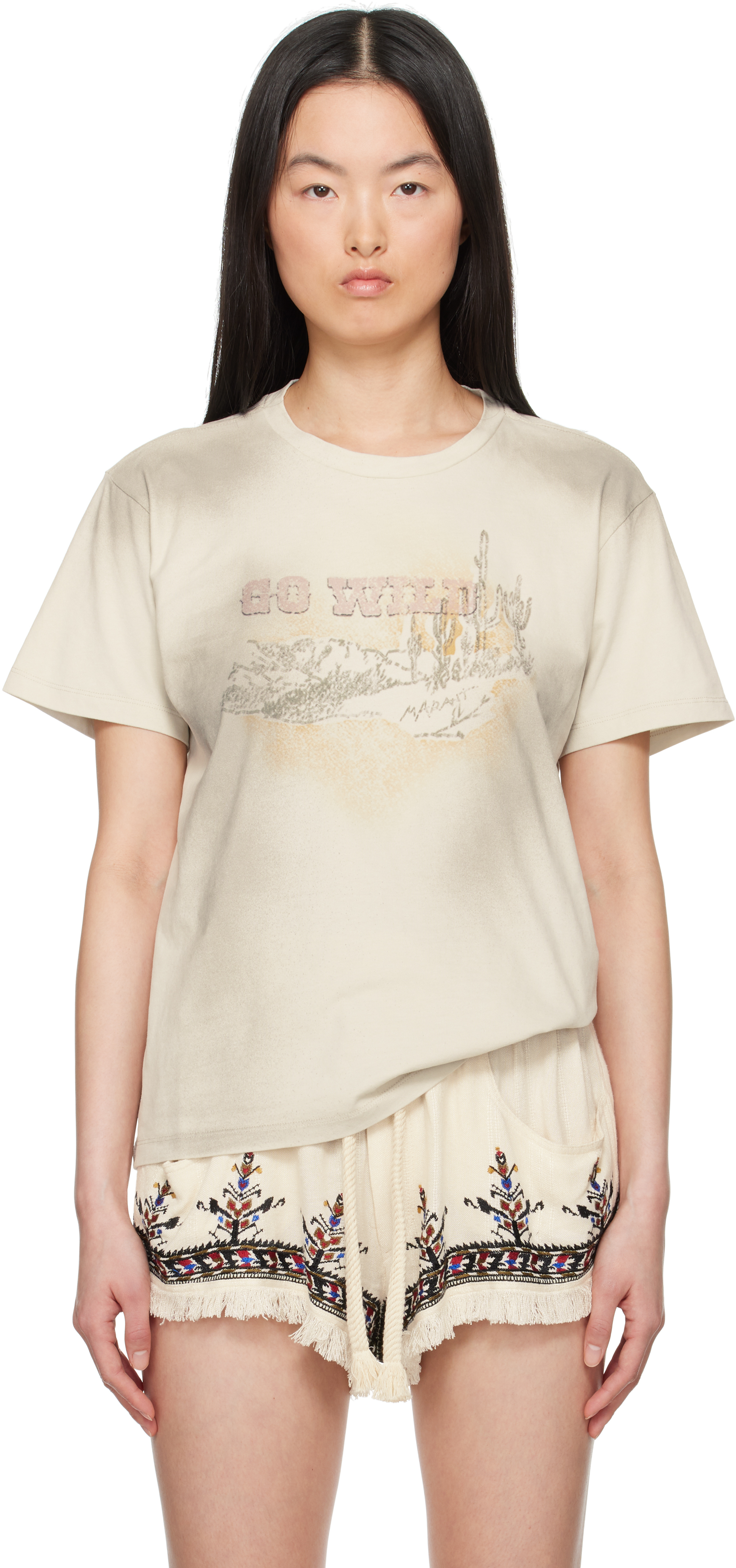 Beige Zaof Graphic T-shirt by Isabel Marant Etoile on Sale