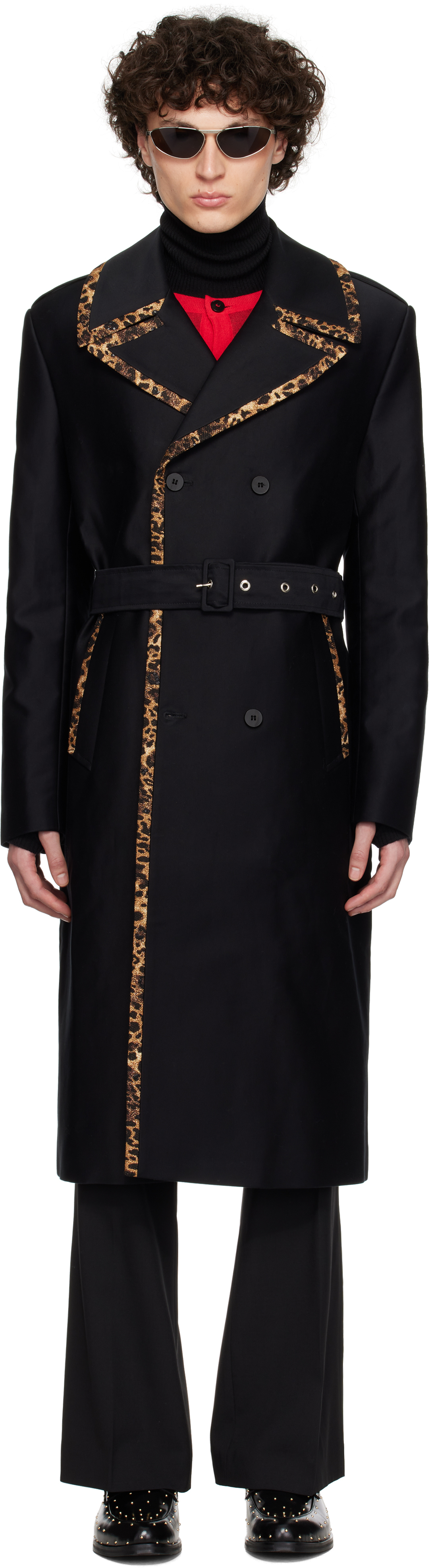 Ernest W Baker Black Cheetah Trim Trench Coat