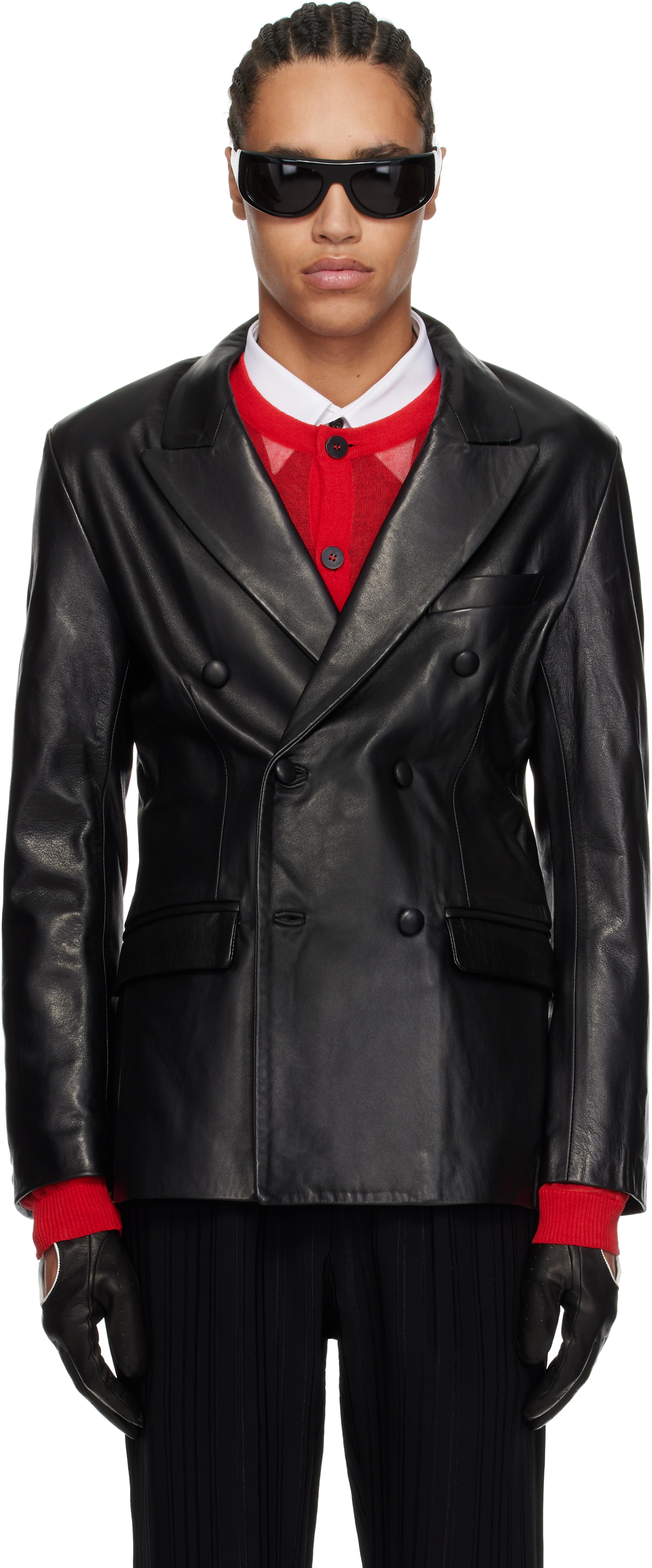 Shop Ernest W Baker Black Double Breasted Leather Blazer In Black Leather