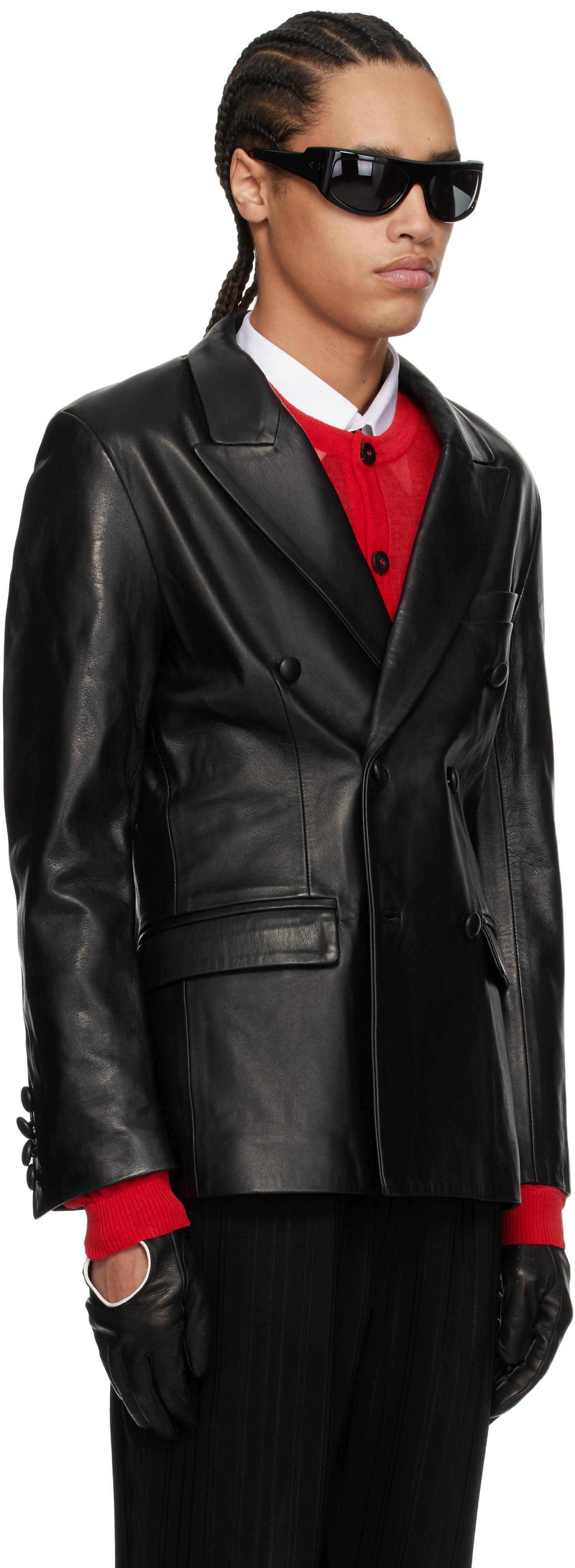 Shop Ernest W Baker Black Double Breasted Leather Blazer In Black Leather