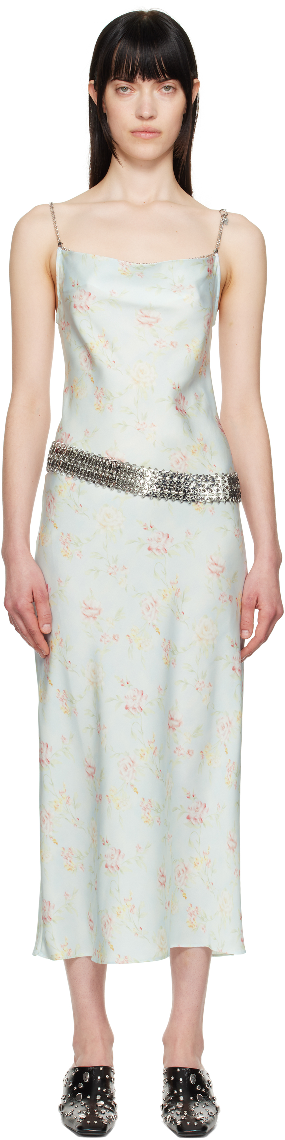 Shop Rabanne Blue Double Satin Printed Midi Dress In V328 Water Flower /