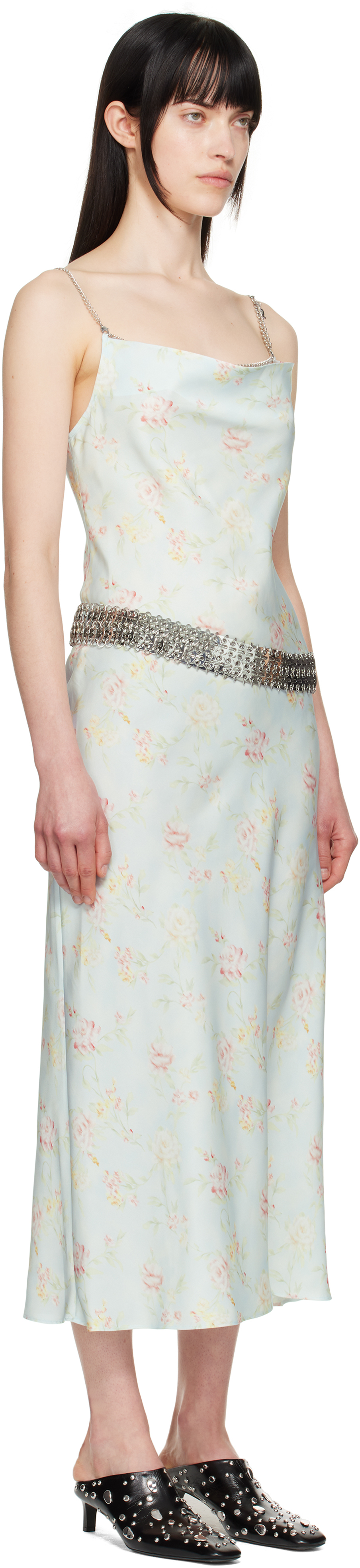 Shop Rabanne Blue Double Satin Printed Midi Dress In V328 Water Flower /