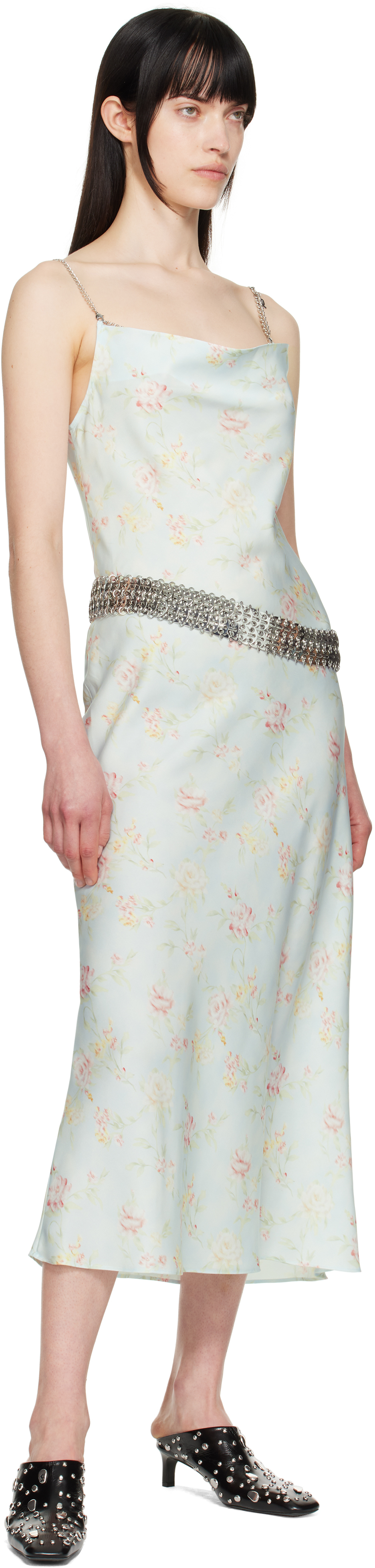 Shop Rabanne Blue Double Satin Printed Midi Dress In V328 Water Flower /