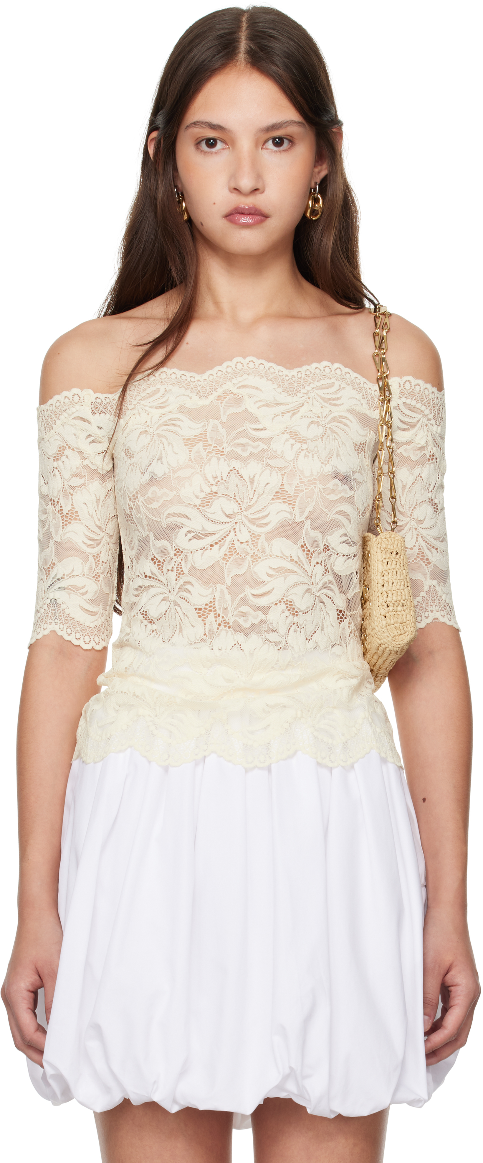 Tシャツ・カットソー RABANNE LACE TOP Off-White Stretch Lace Short Sleeve Top by Rabanne on Sale
