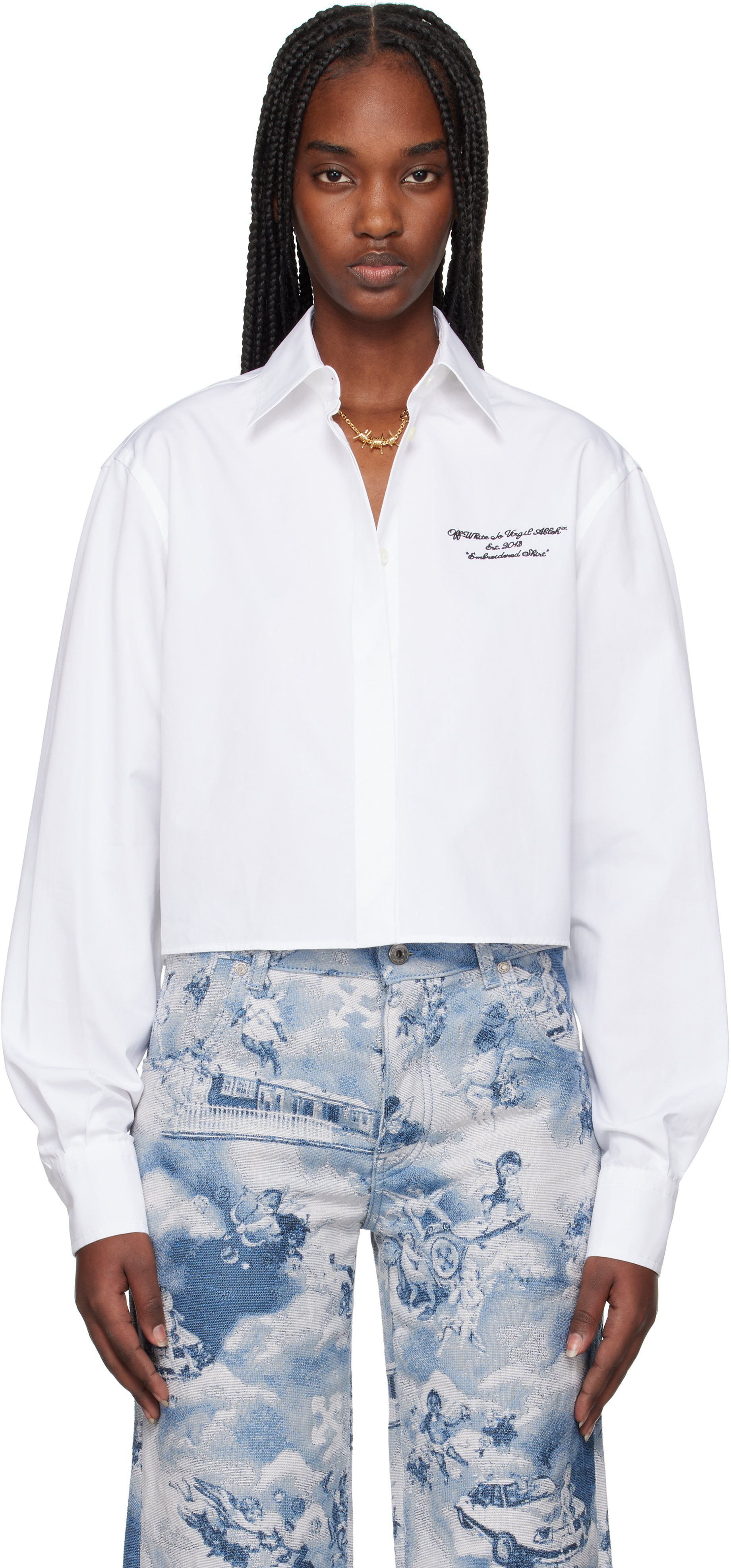 Off-white Poplin Boxy Long-sleeved Shirt In White Black