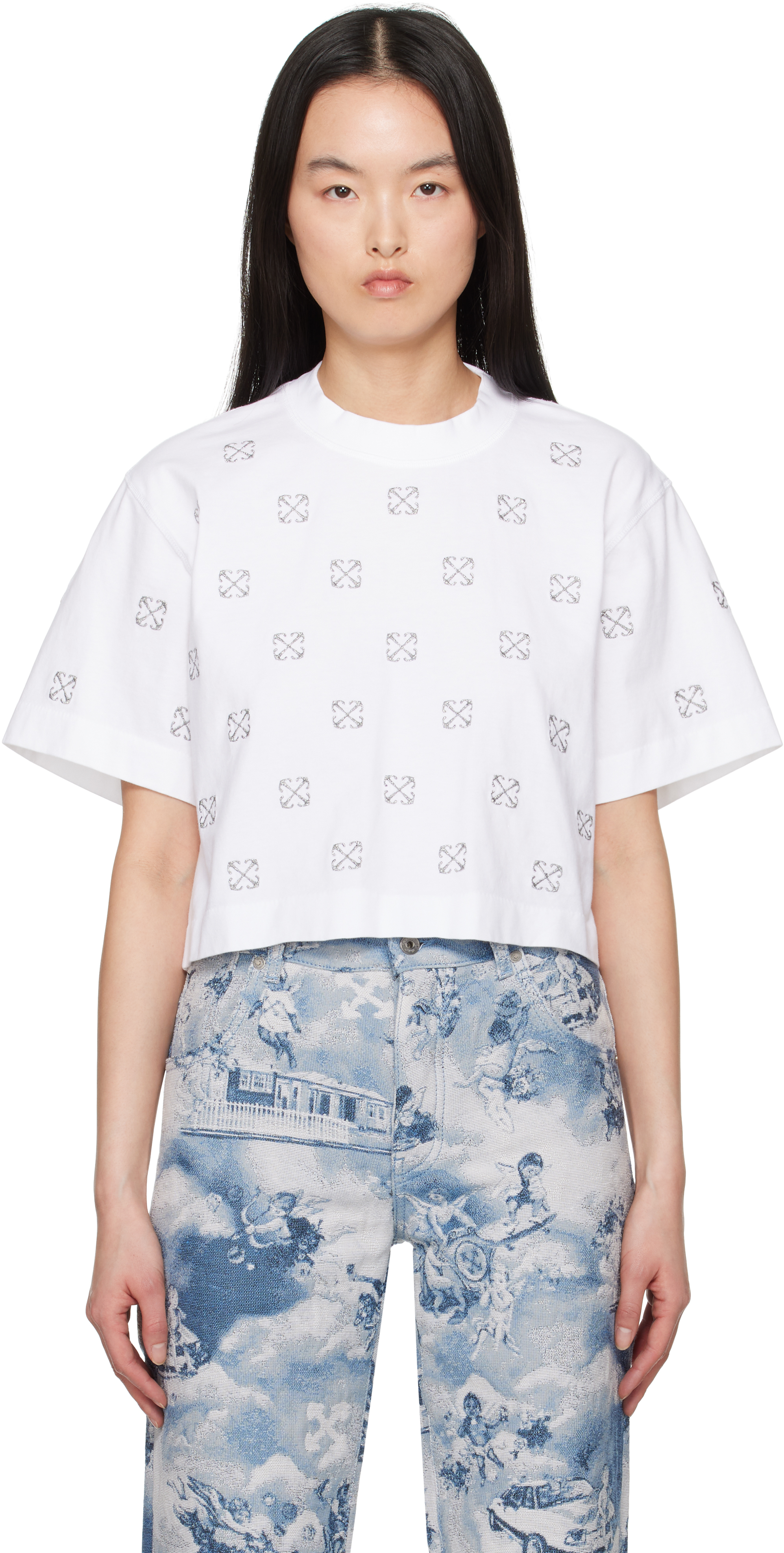 White Lurex Little Arrows Crop T-shirt