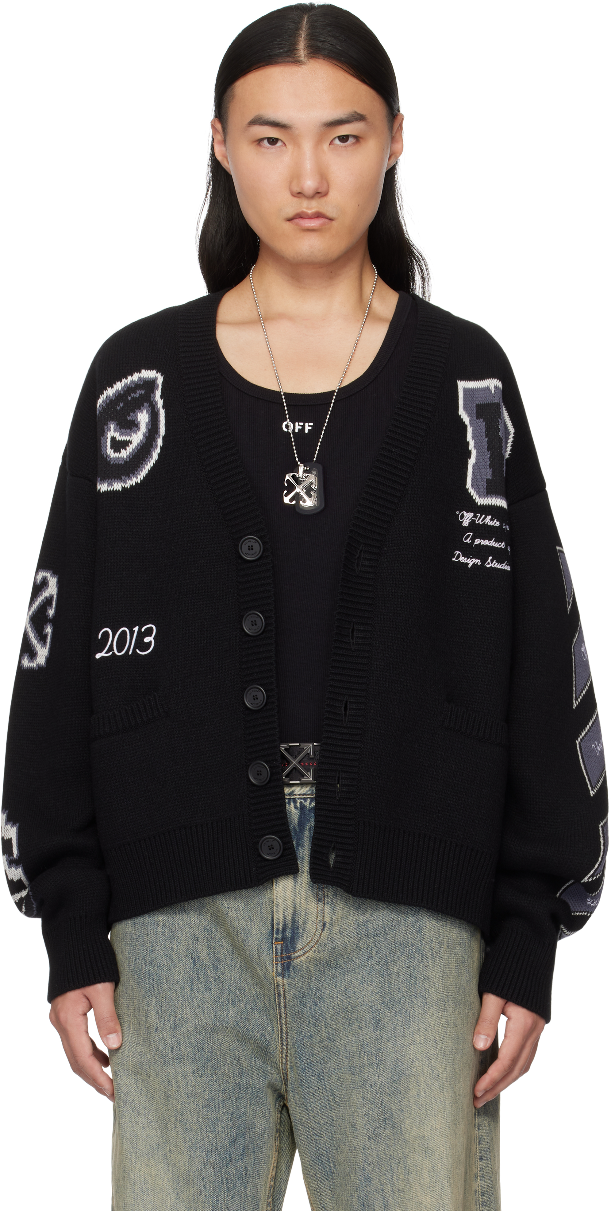 Off-White ブラック バーシティ ニットカーディガン Off-Whiteのブラック バーシティ ニットカーディガンがセール中