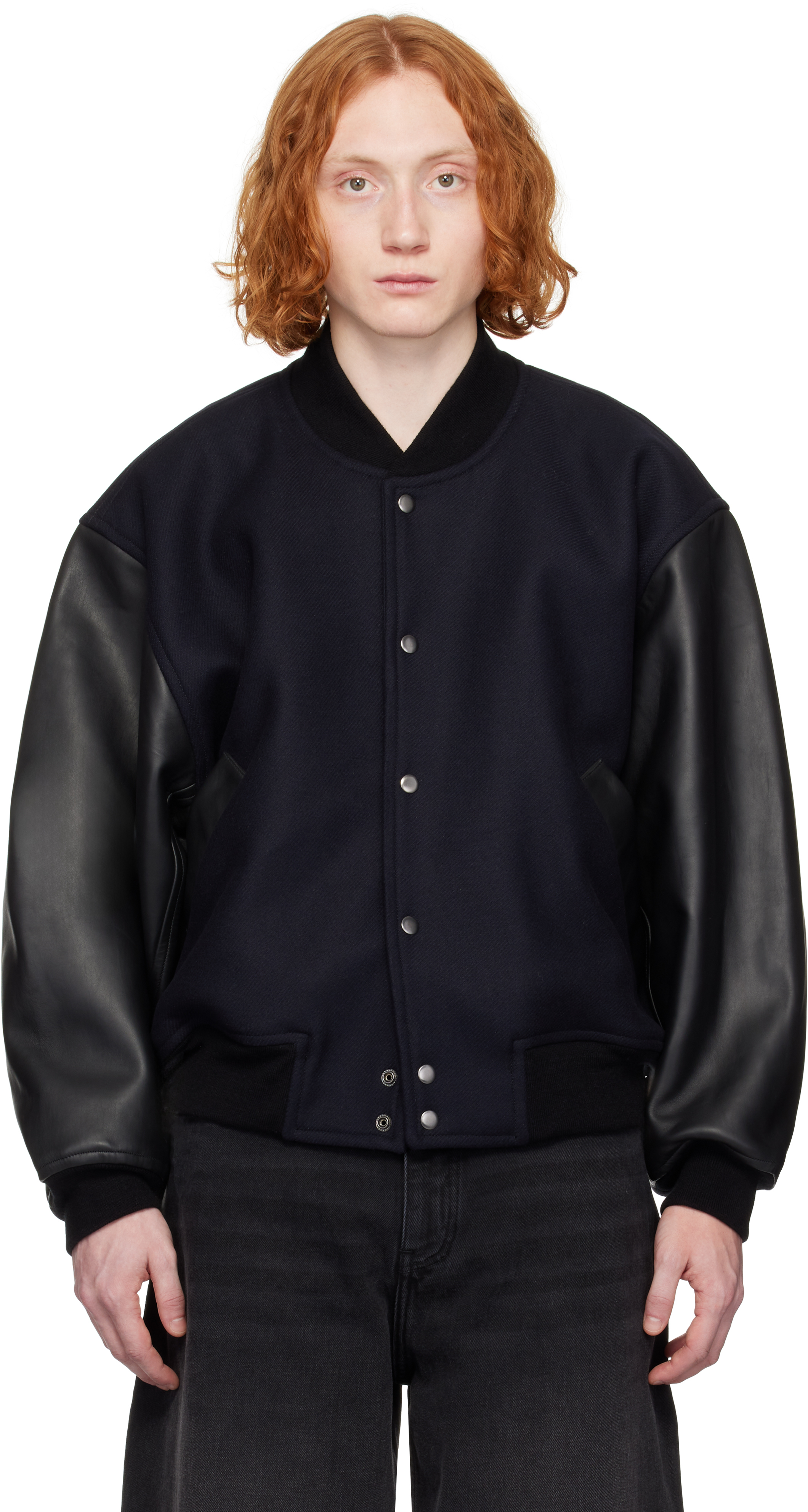 Navy & Black Alph Leather Bomber Jacket