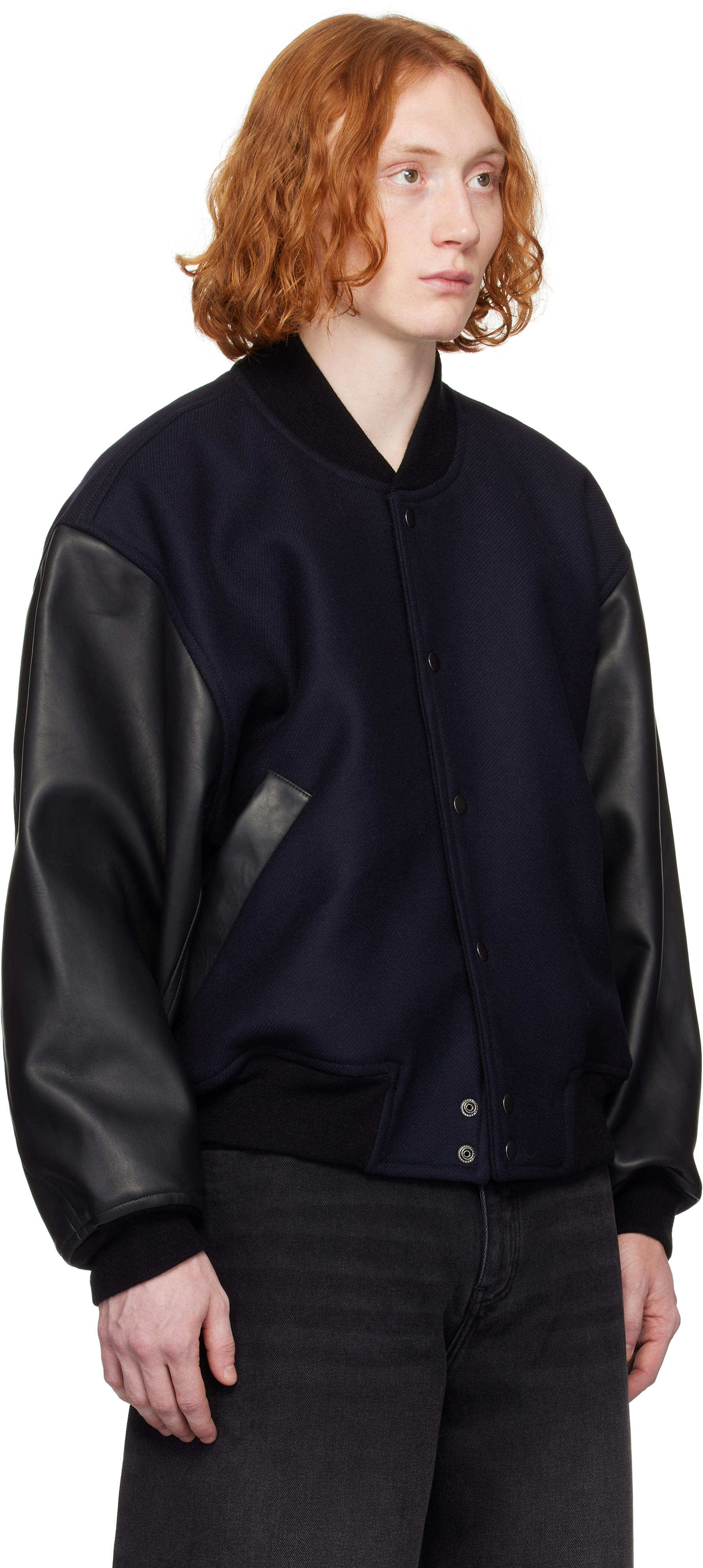 Studio Nicholson Navy & Black Alph Leather Bomber Jacket In Darkest Navy