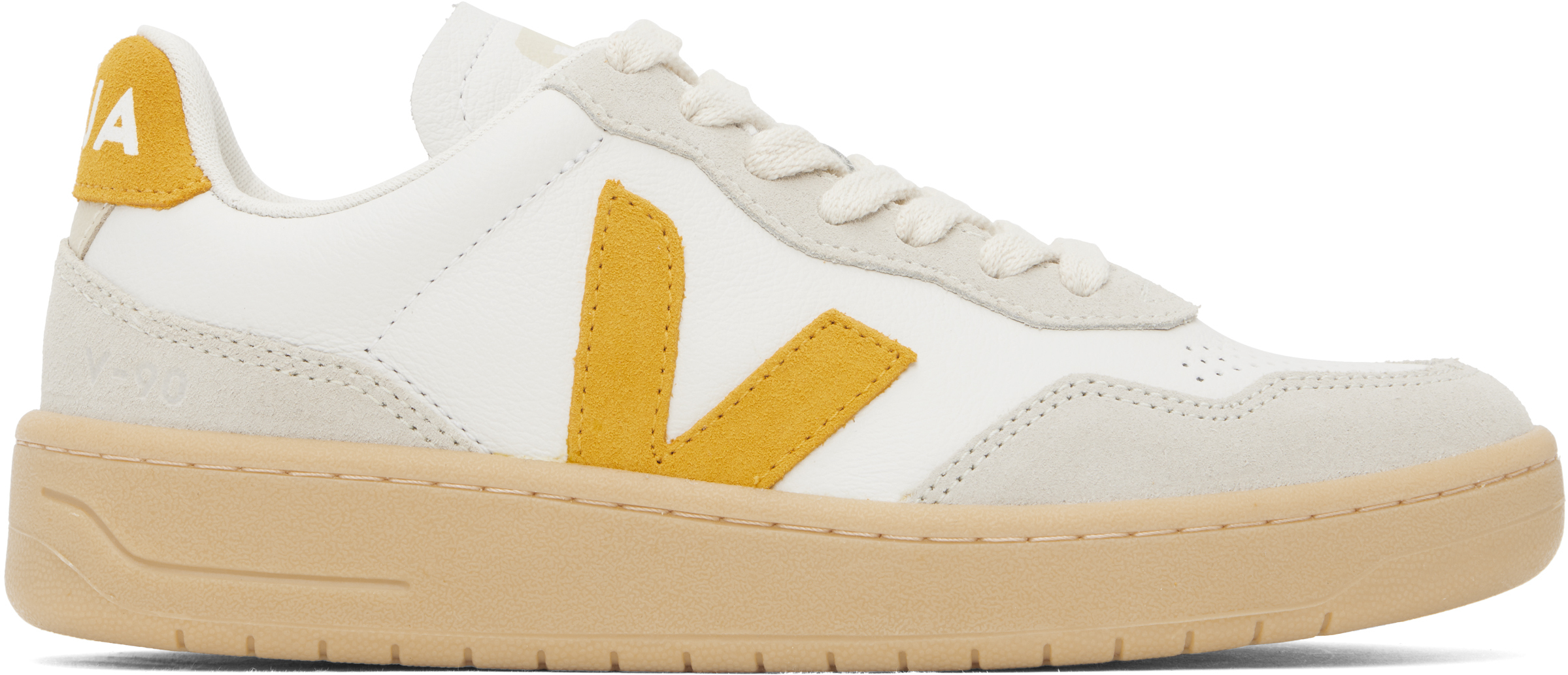 Veja White & Yellow V-90 Leather Sneakers In Extra-white_toscane_