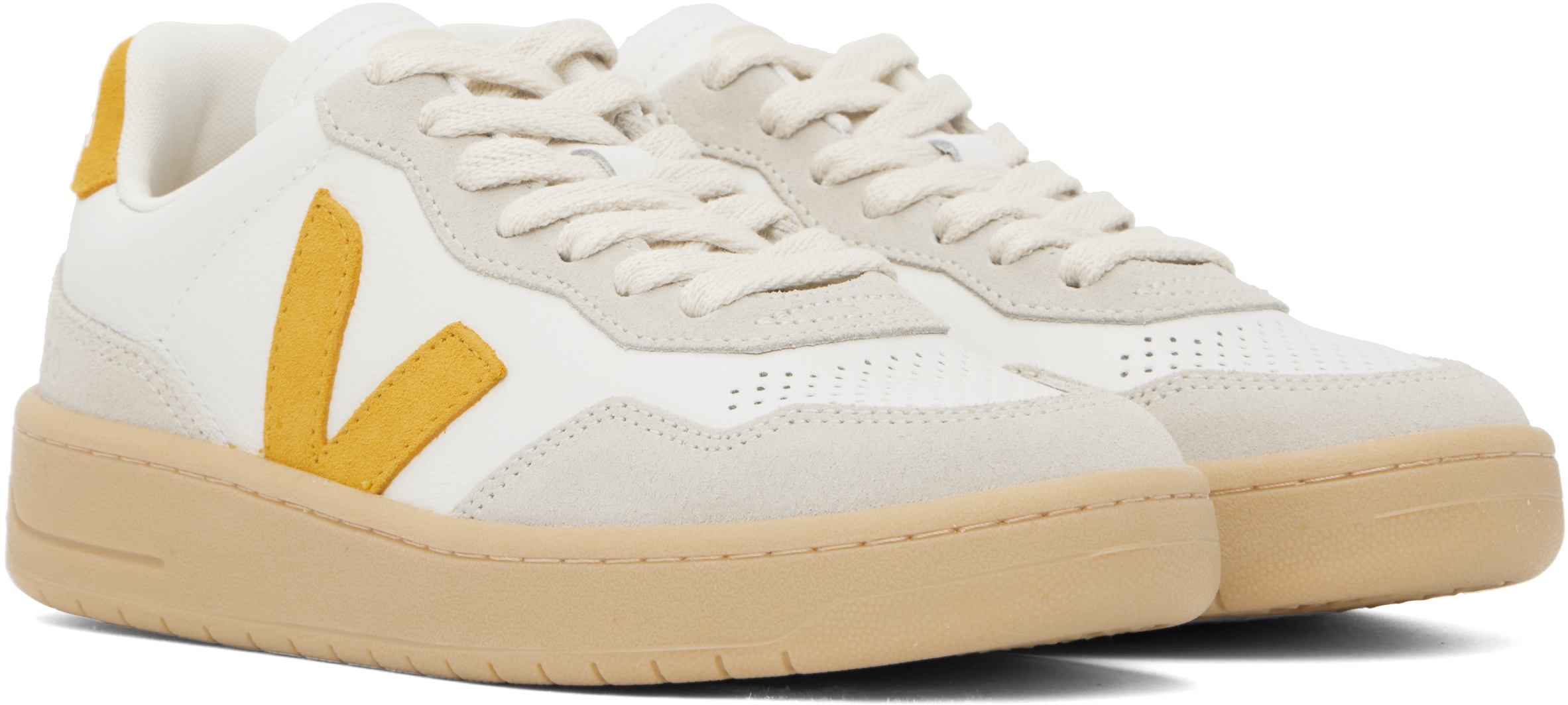 Veja White & Yellow V-90 Leather Sneakers In Extra-white_toscane_