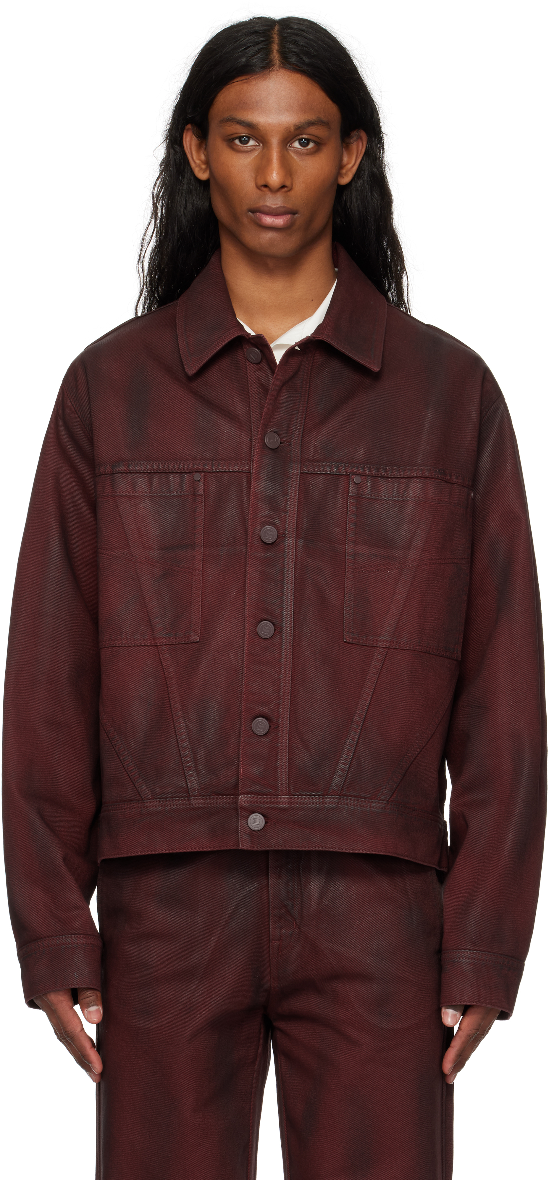 Lgn Louis Gabriel Nouchi Burgundy Gloss Coated Workwear Denim Jacket