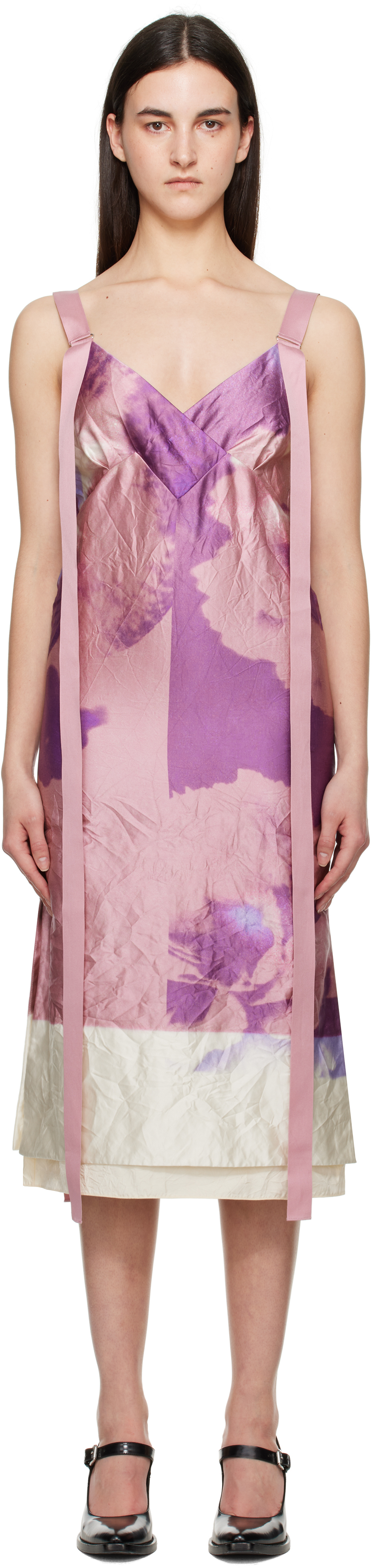 ERDEM PINK & PURPLE V NECK SLIP COCKTAIL MIDI DRESS