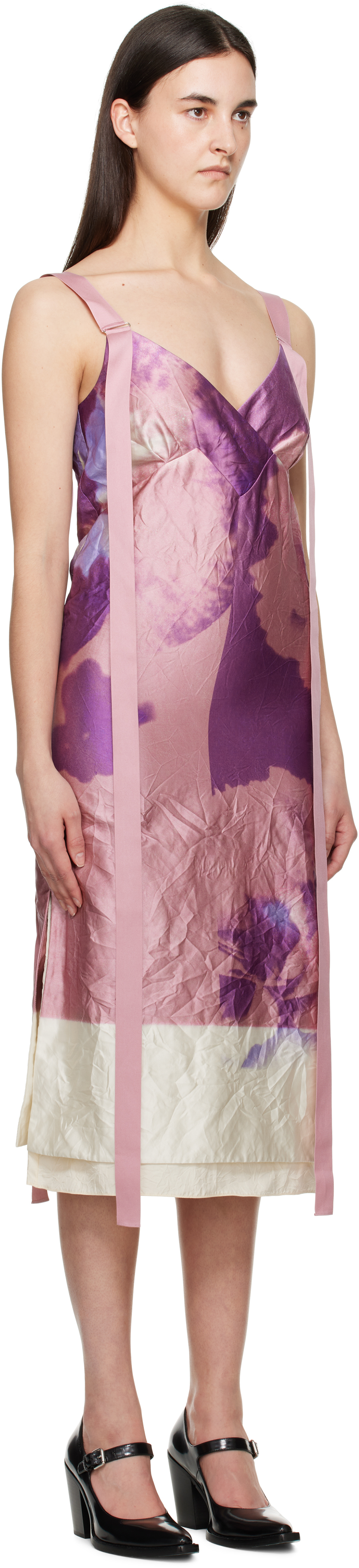 ERDEM PINK & PURPLE V NECK SLIP COCKTAIL MIDI DRESS