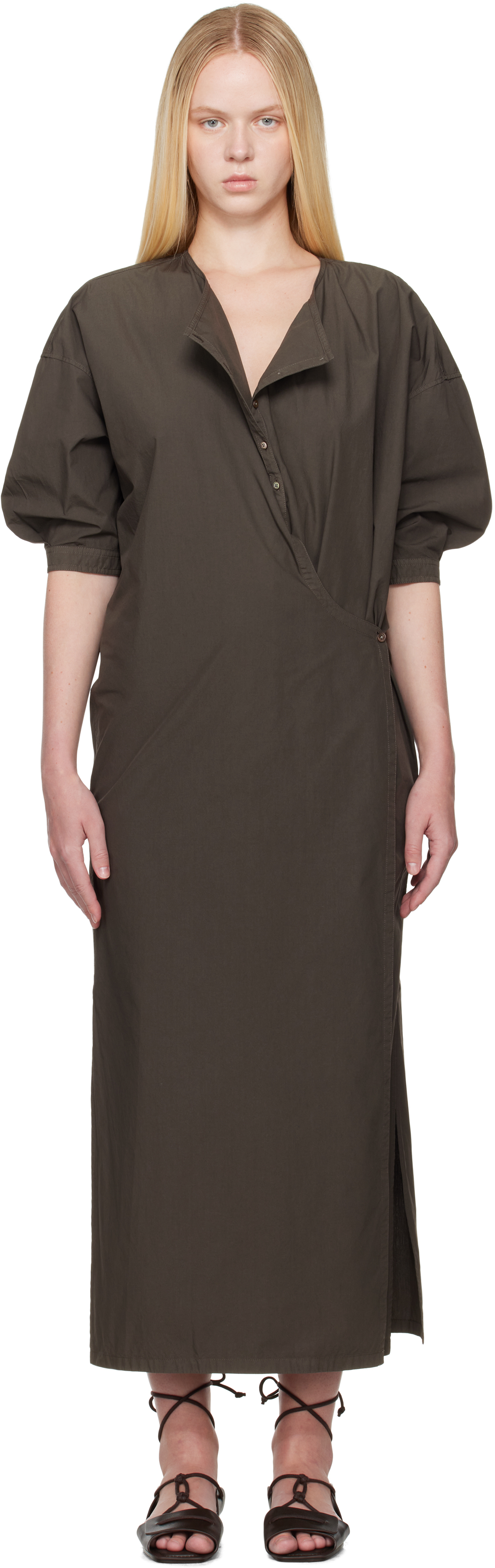 Shop Lemaire Brown Short Sleeve Twisted Midi Dress