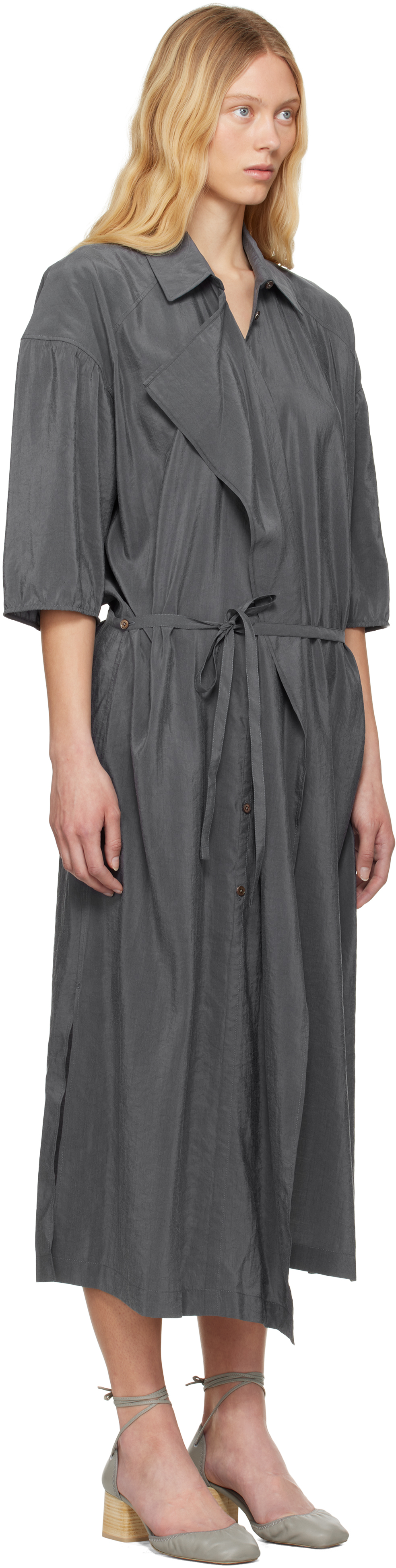 Shop Lemaire Gray Asymmetrical Shirt Midi Dress In Bk991 Asphalt