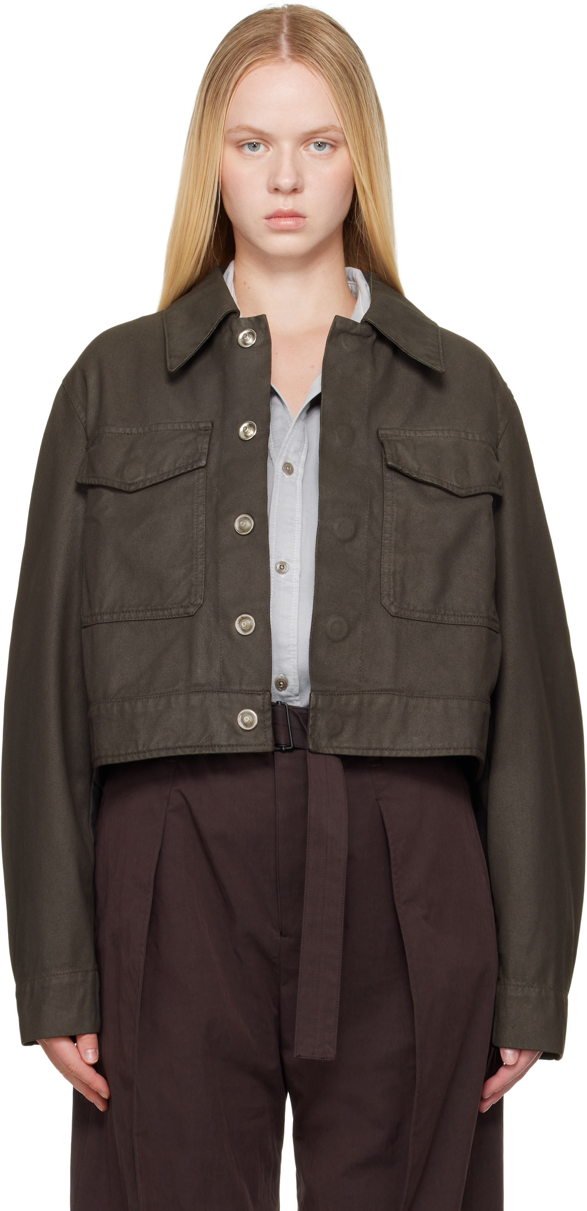 Brown Two Pocket Cropped Denim Jacket