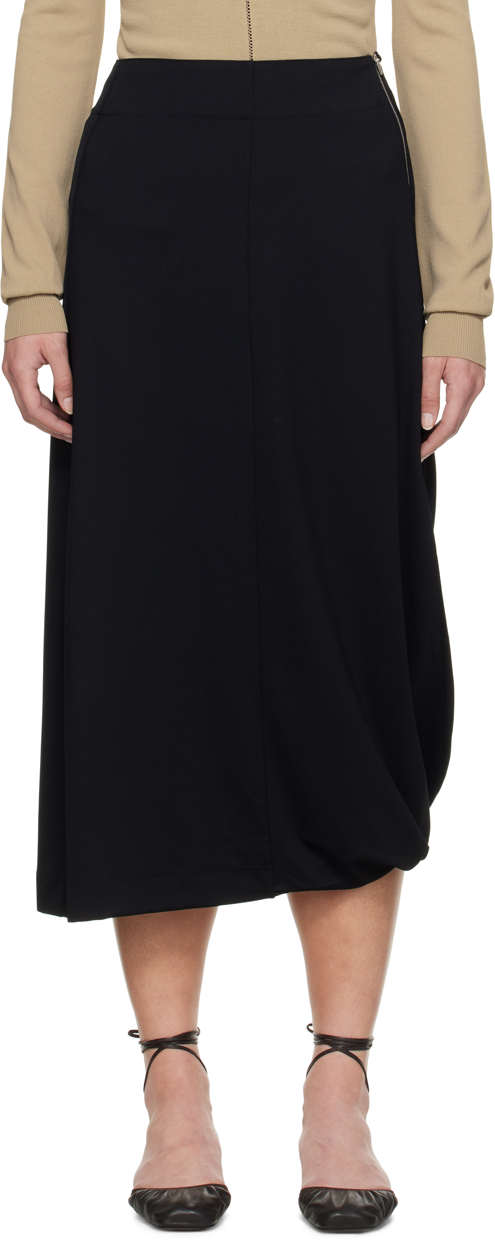 Shop Lemaire Black Twisted Hem Midi Skirt In Bk999 Black