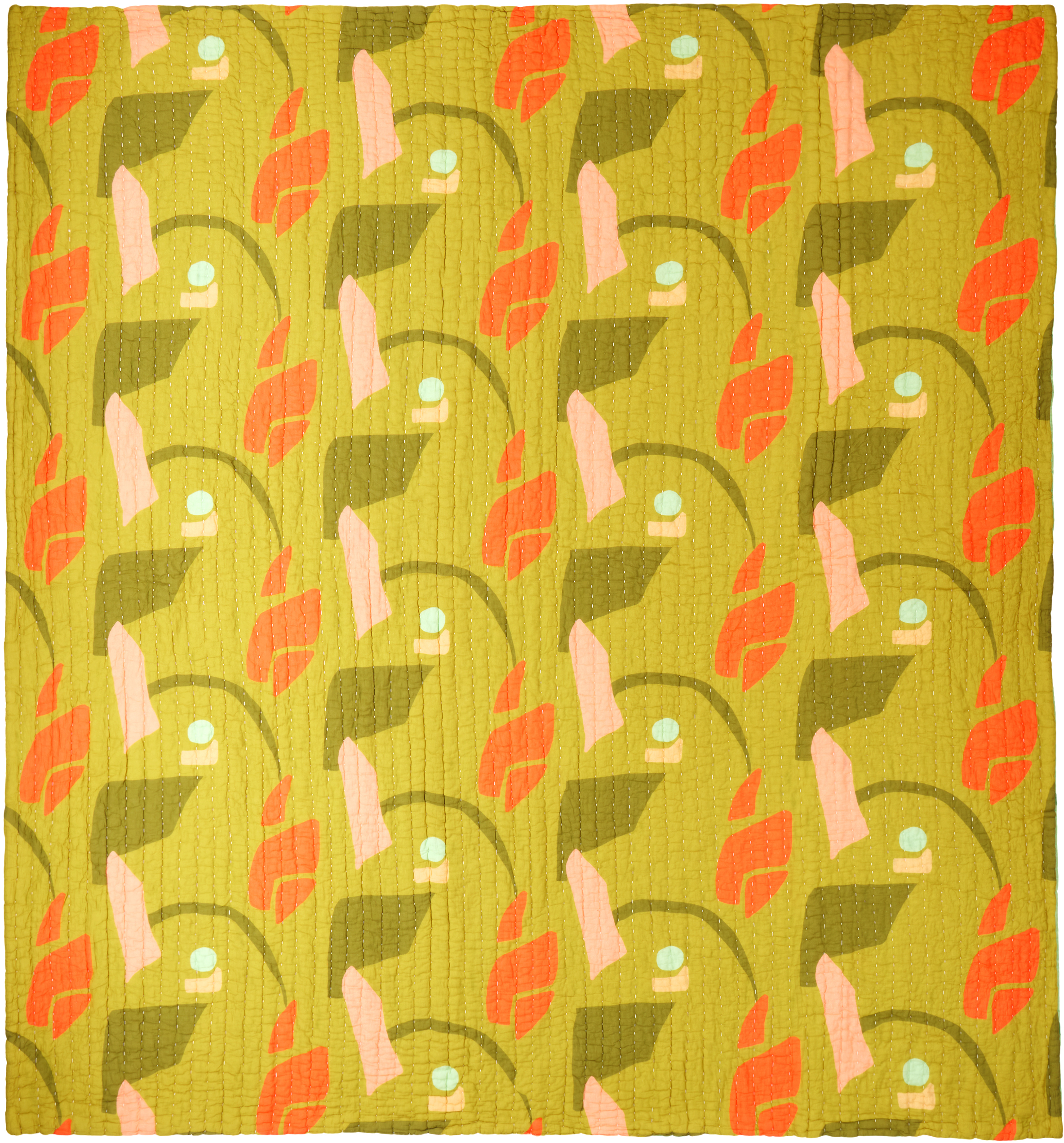 COLD PICNIC GREEN & KHAKI AVIARY EARLY SPRING LATE SUMMER QUEEN QUILT