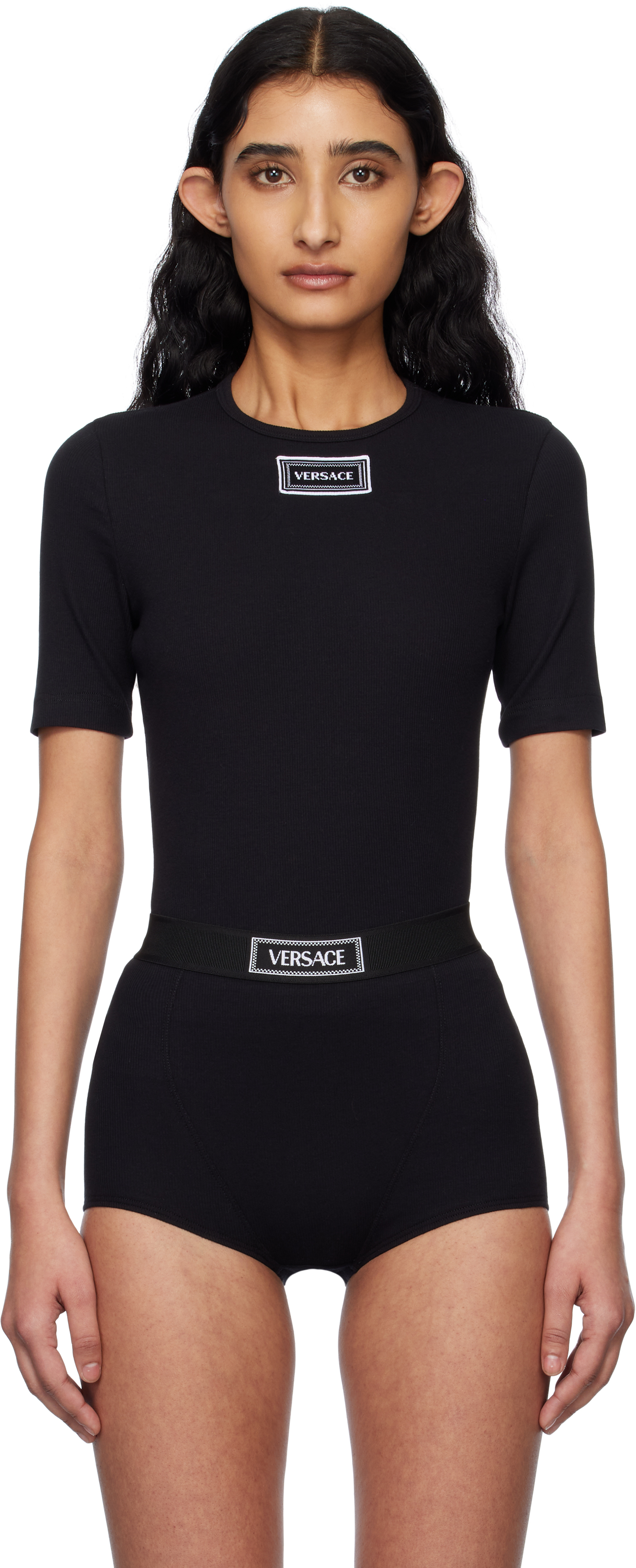 Black 90s Vintage Logo Ribbed T-shirt by Versace Underwear