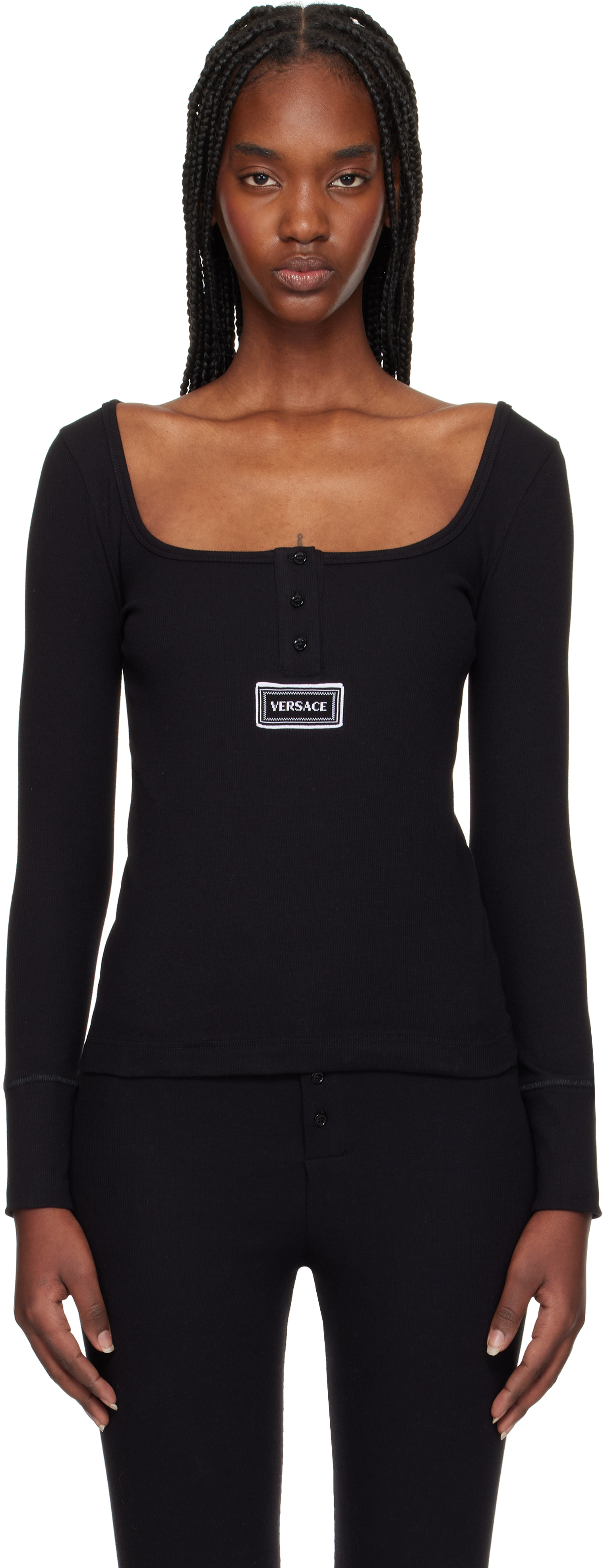 Black 90s Vintage Logo Ribbed T-shirt by Versace Underwear