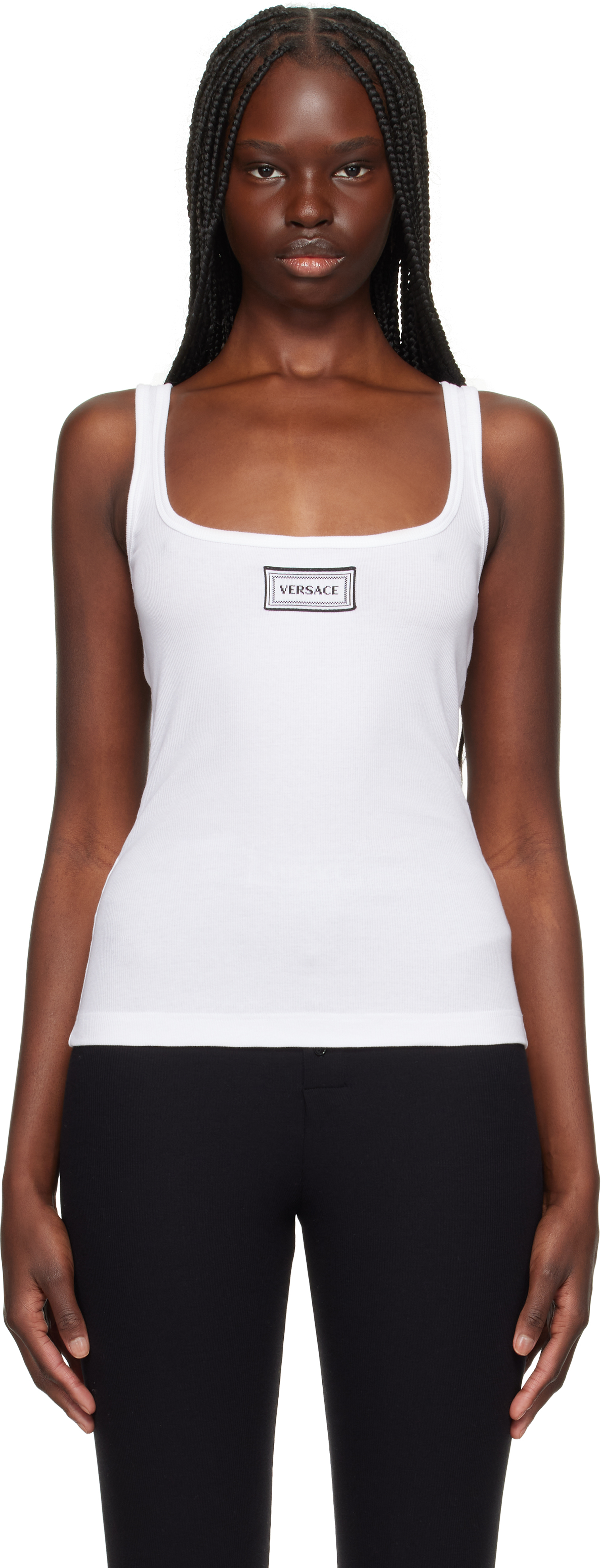 White Rib & Embroidery Patch Tank Top by Versace Underwear