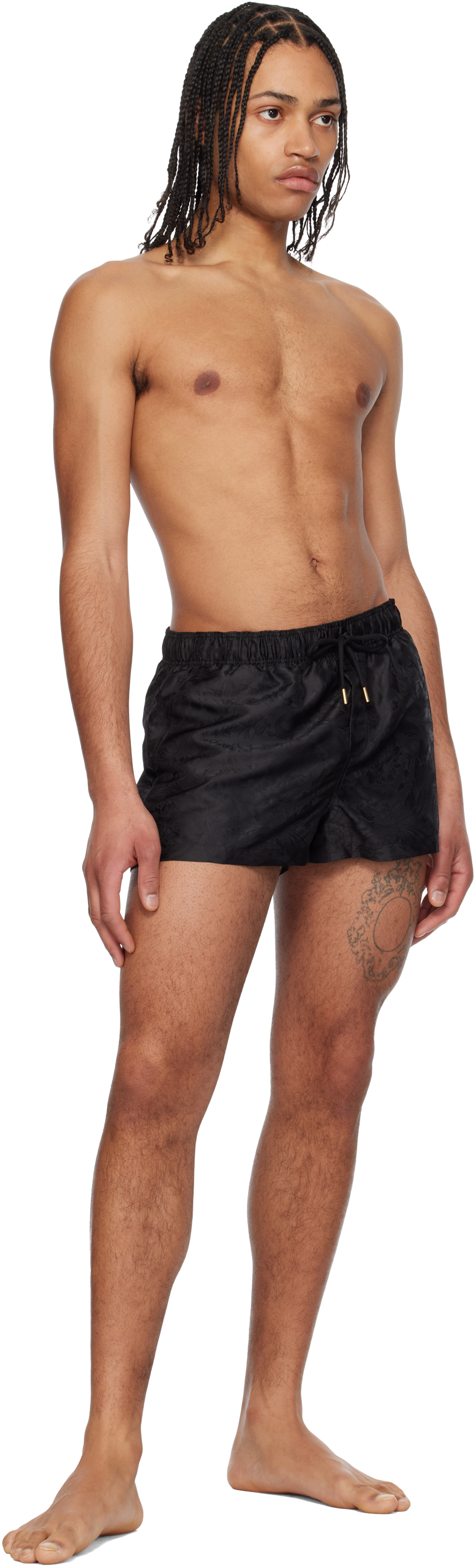 Versace Waistband Elastic Swim Shorts With Button Detail In 1b000-black
